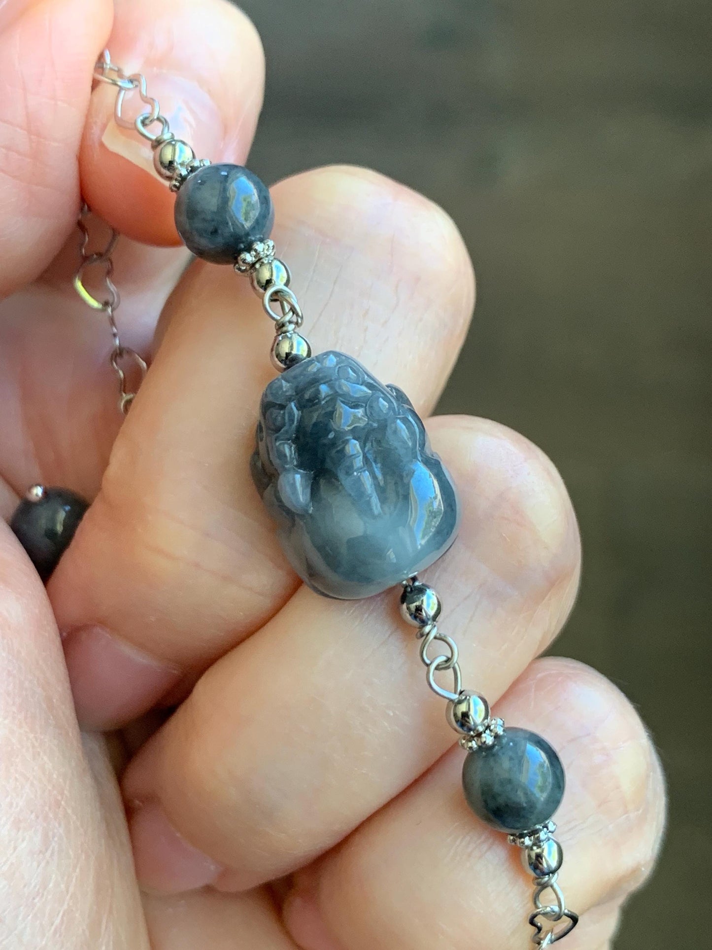 Natural Grade A Translucent Wuji Jadeite Carved Pixiu & Beads Chain Bracelet 14K White Gold Plated adjustable 7.5” 天然乌鸡翡翠貔貅14K包金手链 WPX50