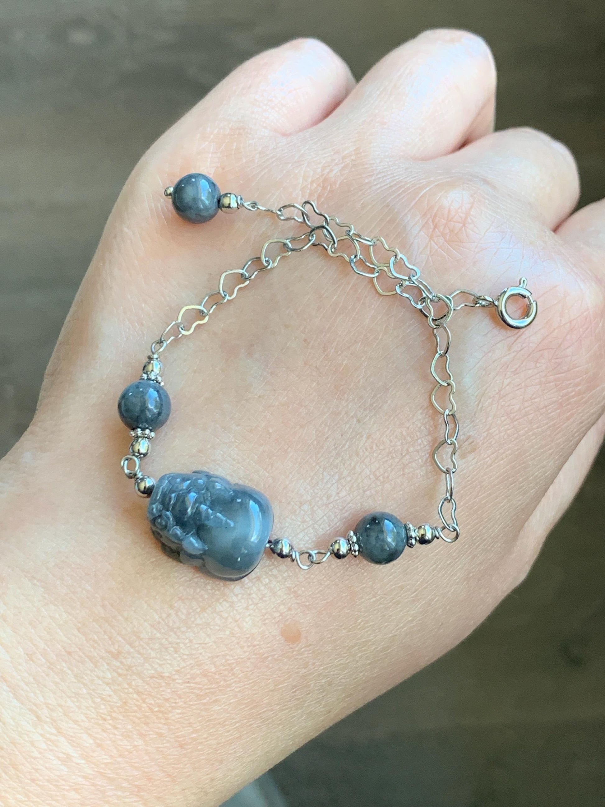 Natural Grade A Translucent Wuji Jadeite Carved Pixiu & Beads Chain Bracelet 14K White Gold Plated adjustable 7.5” 天然乌鸡翡翠貔貅14K包金手链 WPX50