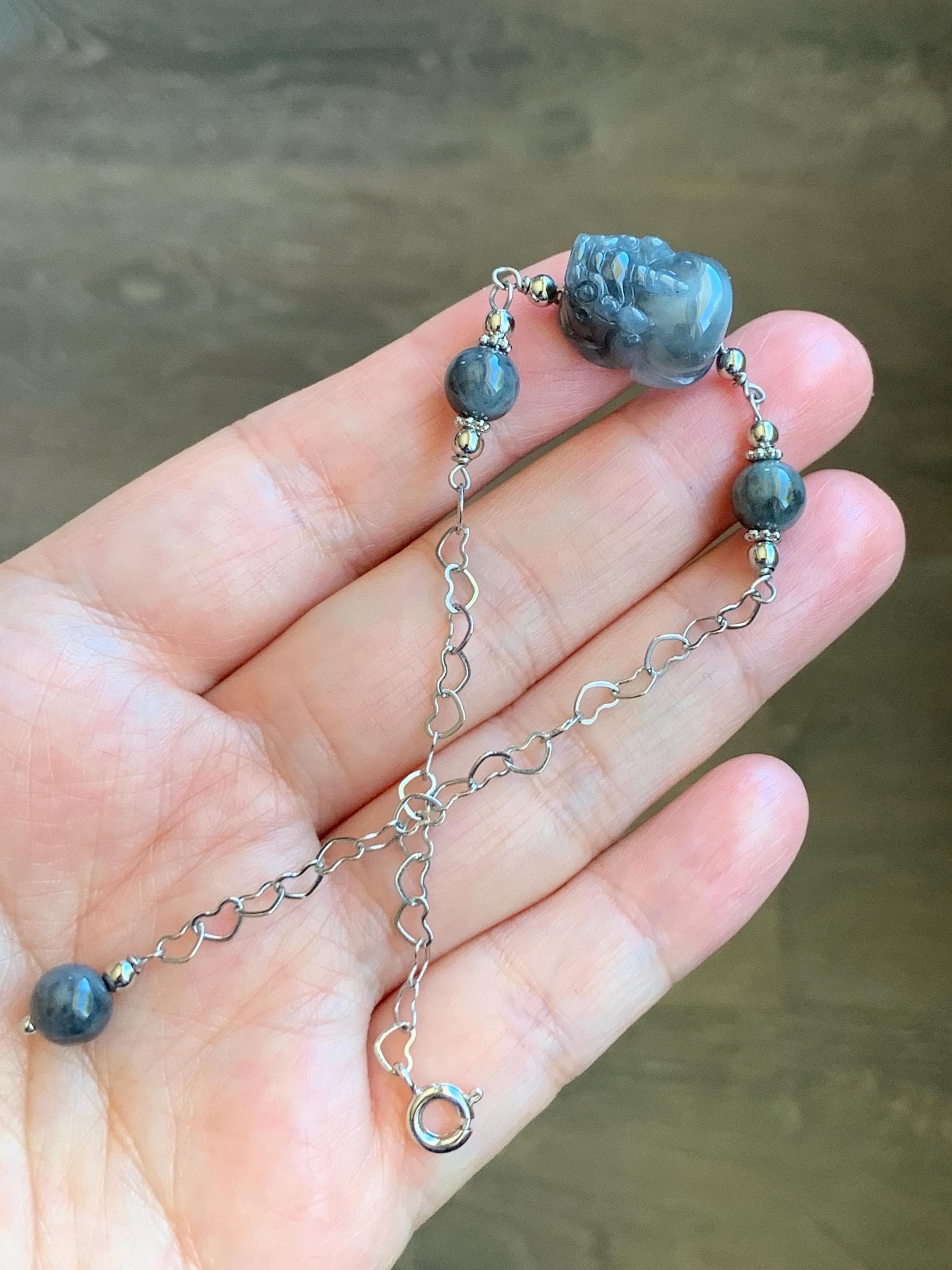 Natural Grade A Translucent Wuji Jadeite Carved Pixiu & Beads Chain Bracelet 14K White Gold Plated adjustable 7.5” 天然乌鸡翡翠貔貅14K包金手链 WPX50