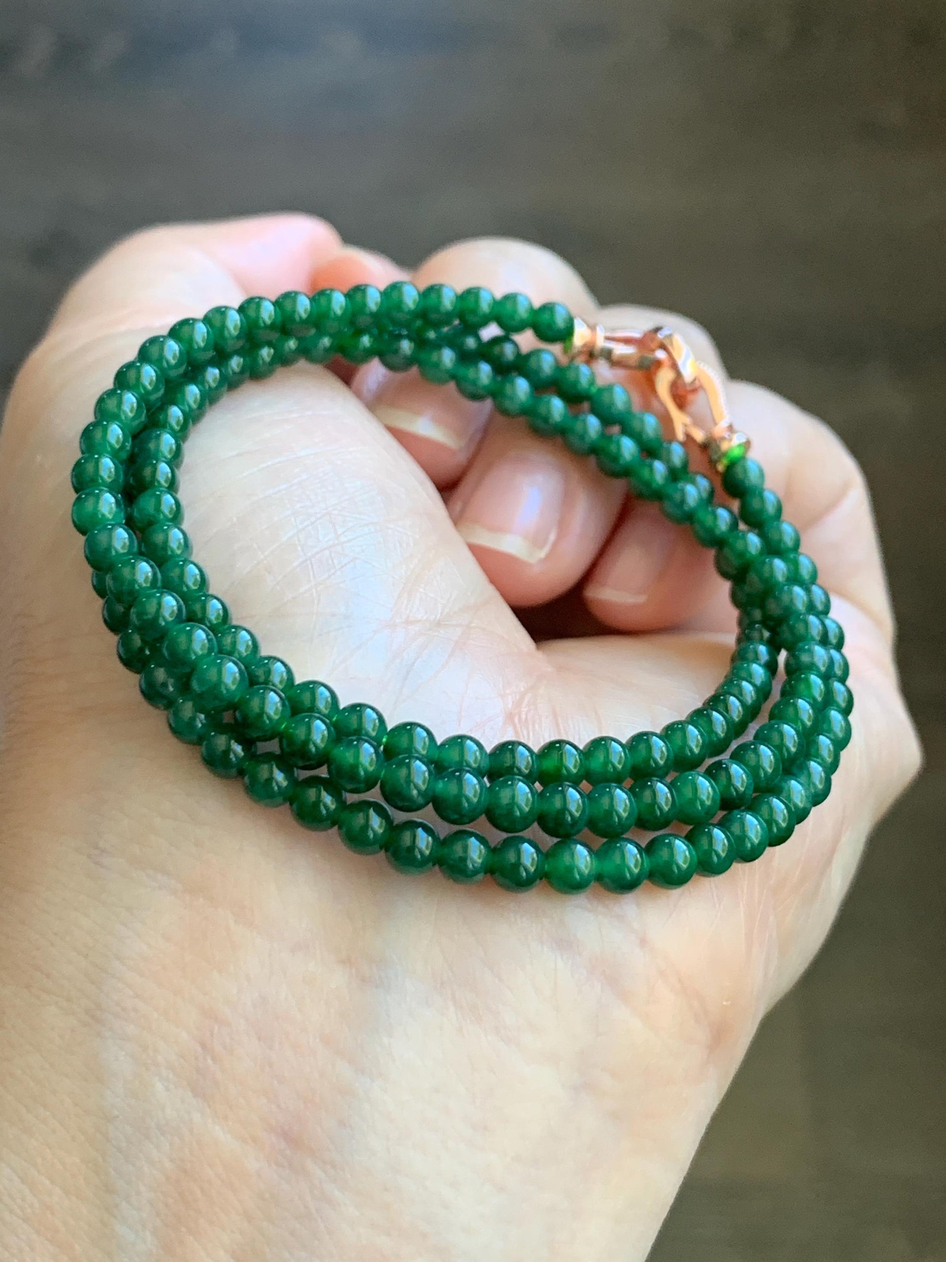 Certified Grade A Natural Guatemalan Icy Translucent Intense Green Jadeite Petite Beads Beaded Necklace 3.8mm 21” 14g 天然冰危绿翡翠小圆珠项链 1699