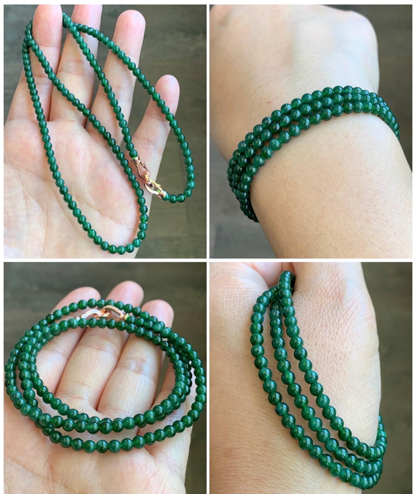 Certified Grade A Natural Guatemalan Icy Translucent Intense Green Jadeite Petite Beads Beaded Necklace 3.8mm 21” 14g 天然冰危绿翡翠小圆珠项链 1698