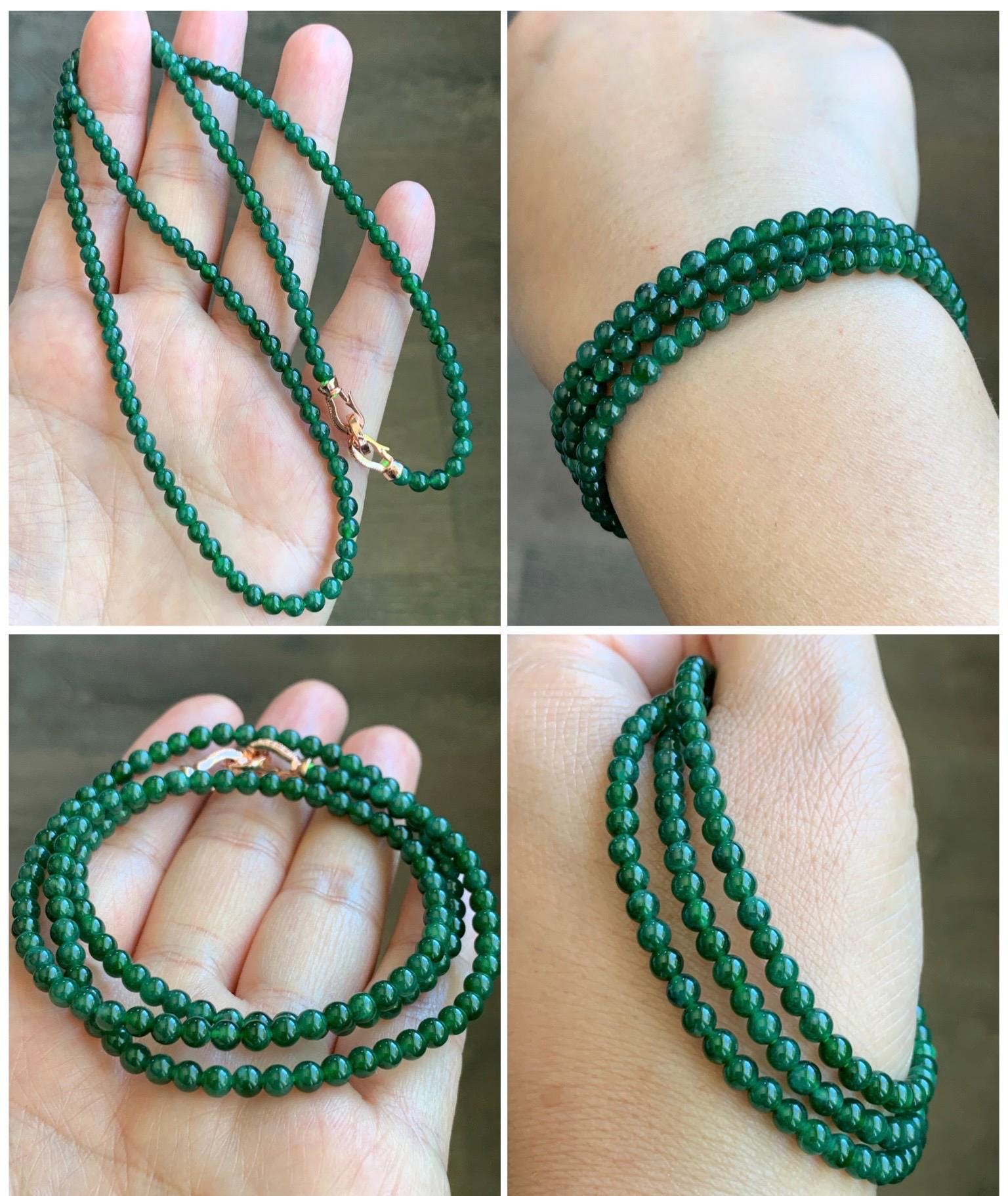 Certified Grade A Natural Guatemalan Icy Translucent Intense Green Jadeite Petite Beads Beaded Necklace 3.8mm 21” 14g 天然冰危绿翡翠小圆珠项链 1698
