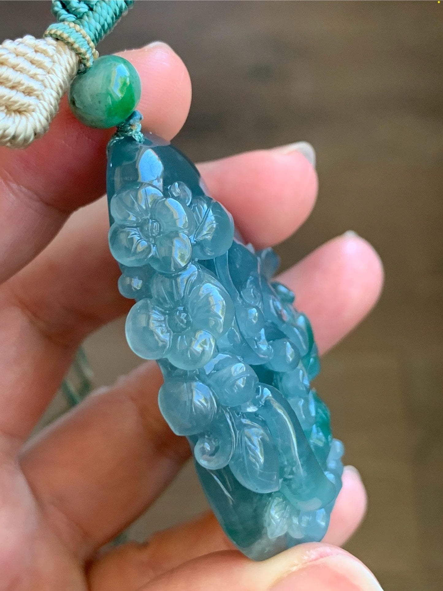 Certified Natural Guatemalan Icy Translucent Teal Blue Green Marbled Jadeite Koi Fish Lotus Flower Pendant Rope Necklace 26” 天然冰危蓝飘绿翡翠莲花鱼吊坠