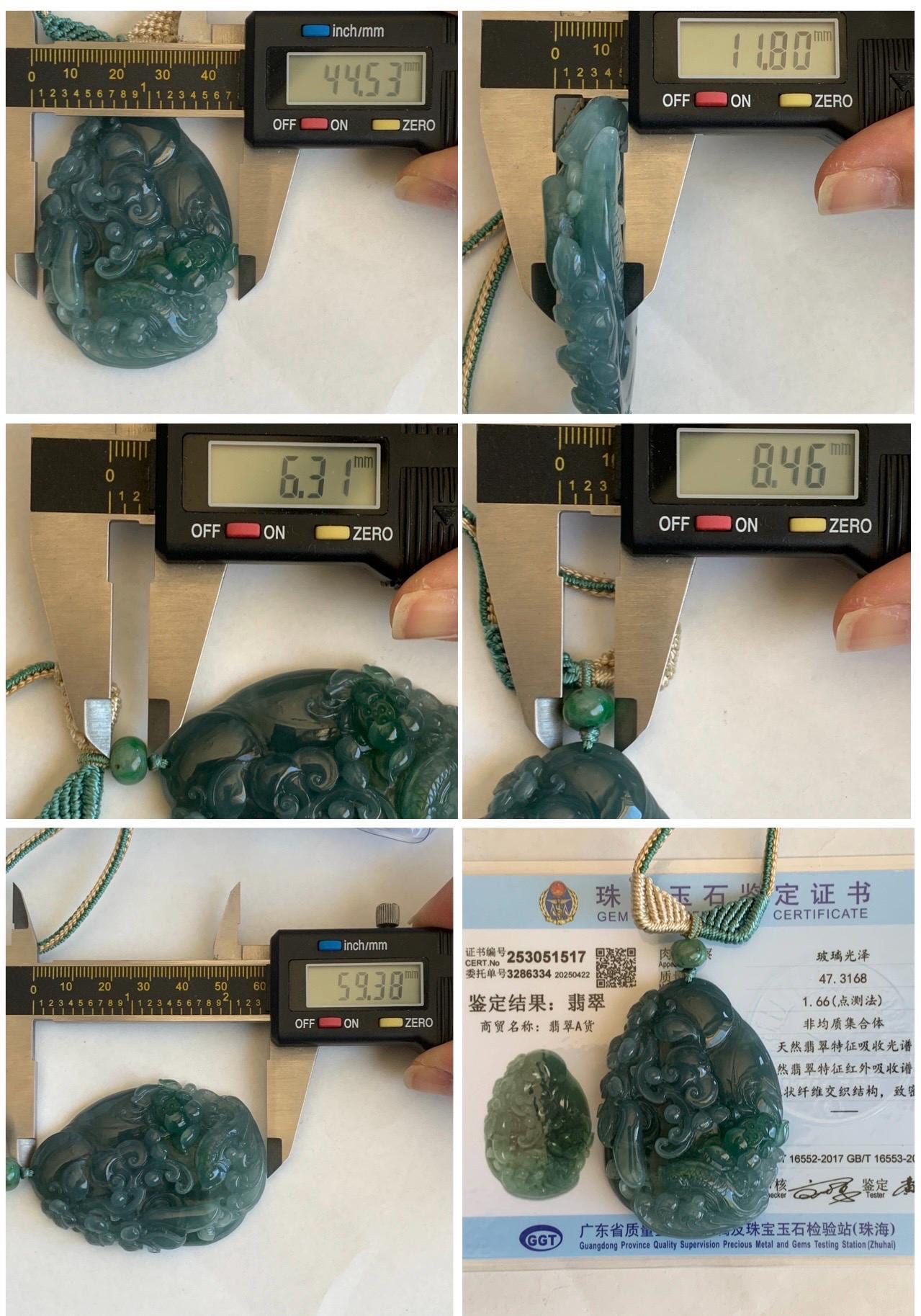Certified Natural Guatemalan Icy Translucent Teal Blue Green Marbled Jadeite Koi Fish Lotus Flower Pendant Rope Necklace 26” 天然冰危蓝飘绿翡翠莲花鱼吊坠