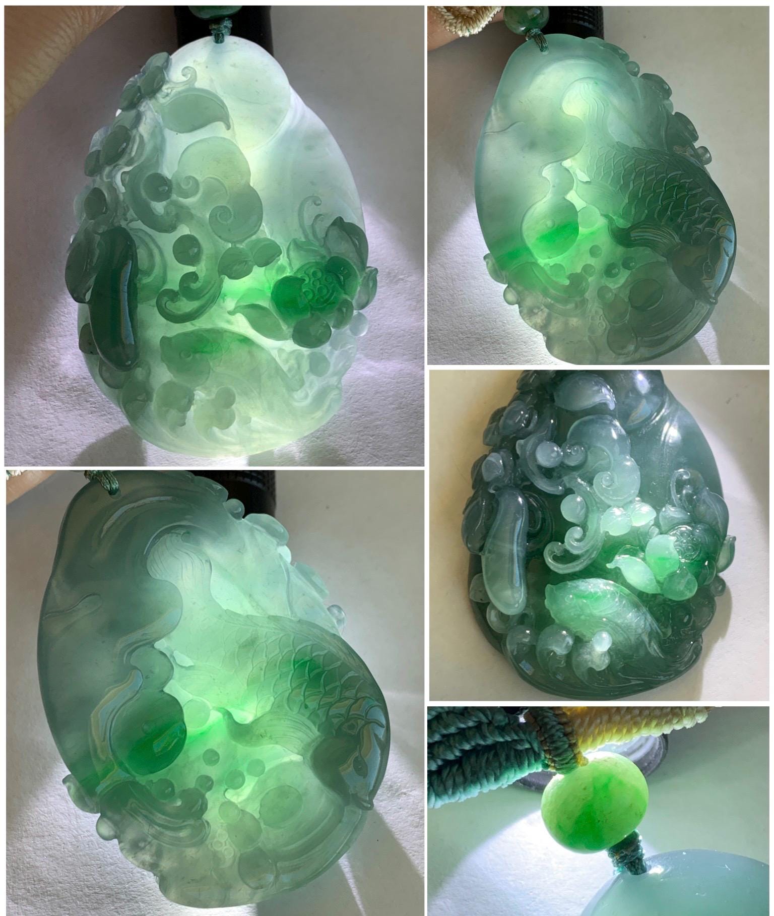 Certified Natural Guatemalan Icy Translucent Teal Blue Green Marbled Jadeite Koi Fish Lotus Flower Pendant Rope Necklace 26” 天然冰危蓝飘绿翡翠莲花鱼吊坠
