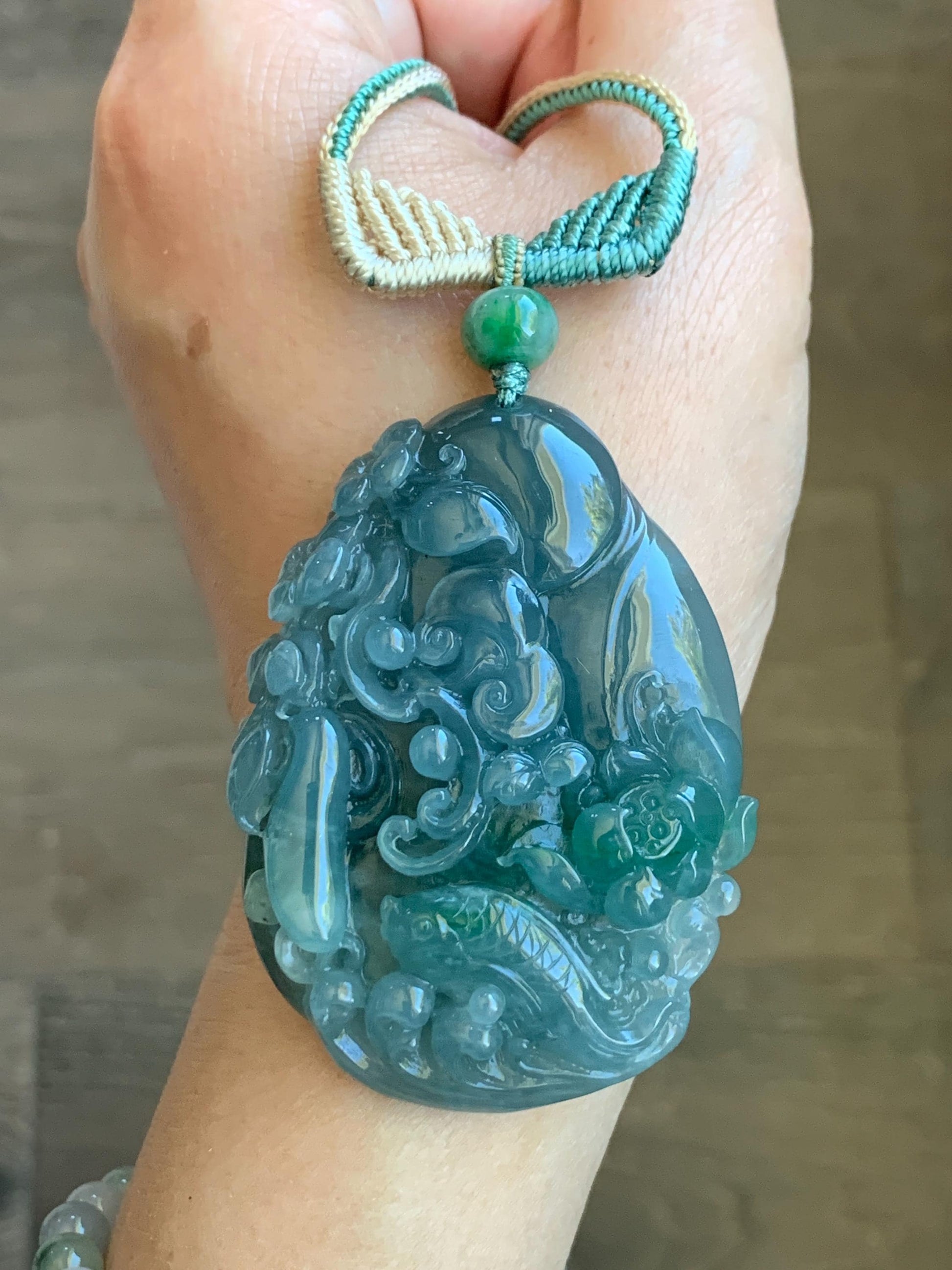 Certified Natural Guatemalan Icy Translucent Teal Blue Green Marbled Jadeite Koi Fish Lotus Flower Pendant Rope Necklace 26” 天然冰危蓝飘绿翡翠莲花鱼吊坠