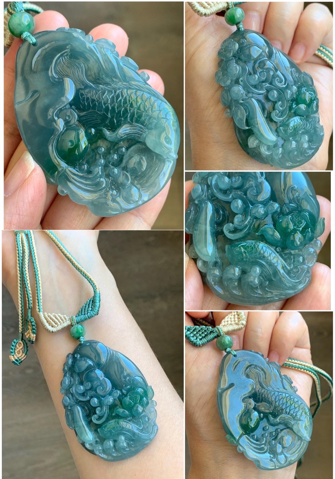 Certified Natural Guatemalan Icy Translucent Teal Blue Green Marbled Jadeite Koi Fish Lotus Flower Pendant Rope Necklace 26” 天然冰危蓝飘绿翡翠莲花鱼吊坠