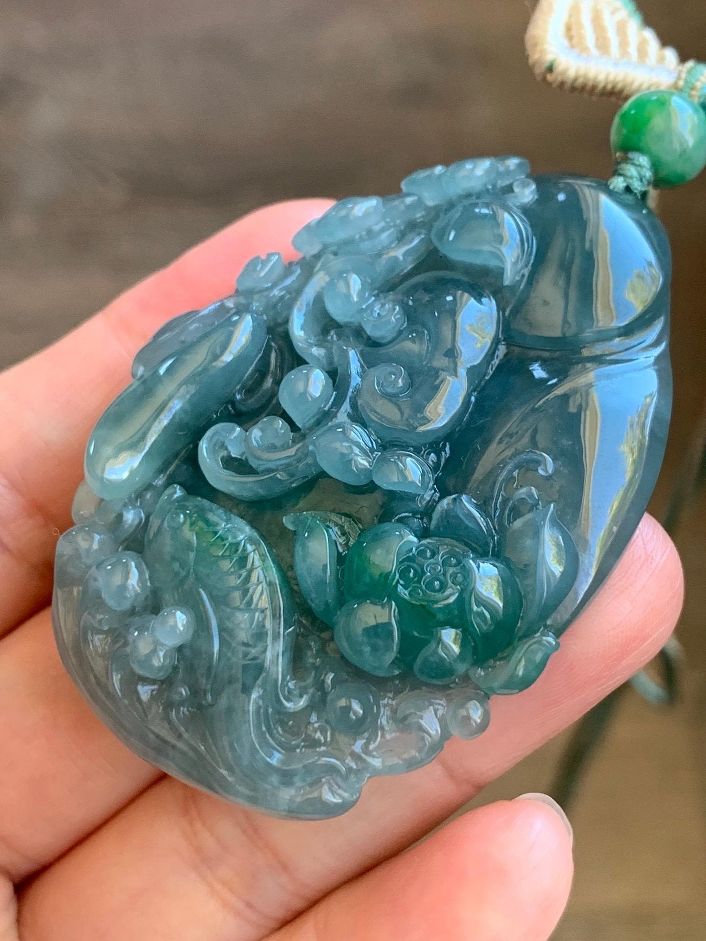Certified Natural Guatemalan Icy Translucent Teal Blue Green Marbled Jadeite Koi Fish Lotus Flower Pendant Rope Necklace 26” 天然冰危蓝飘绿翡翠莲花鱼吊坠