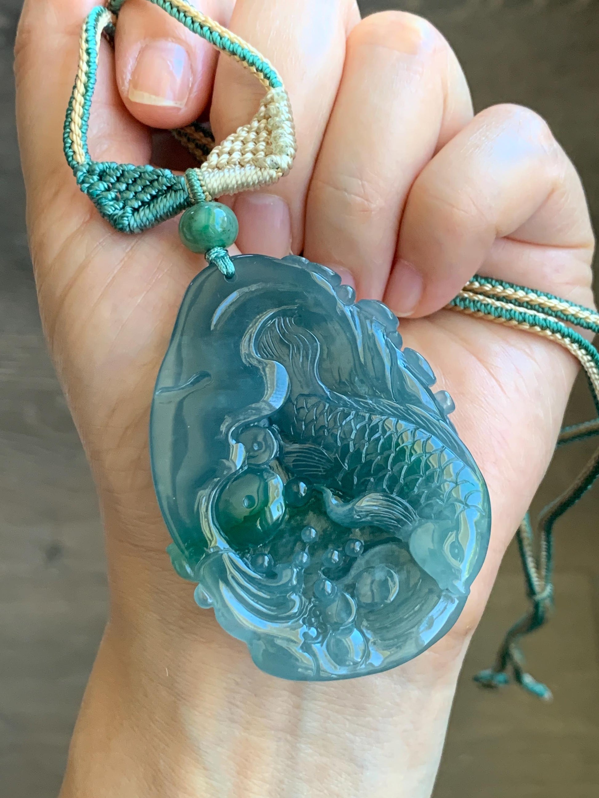 Certified Natural Guatemalan Icy Translucent Teal Blue Green Marbled Jadeite Koi Fish Lotus Flower Pendant Rope Necklace 26” 天然冰危蓝飘绿翡翠莲花鱼吊坠