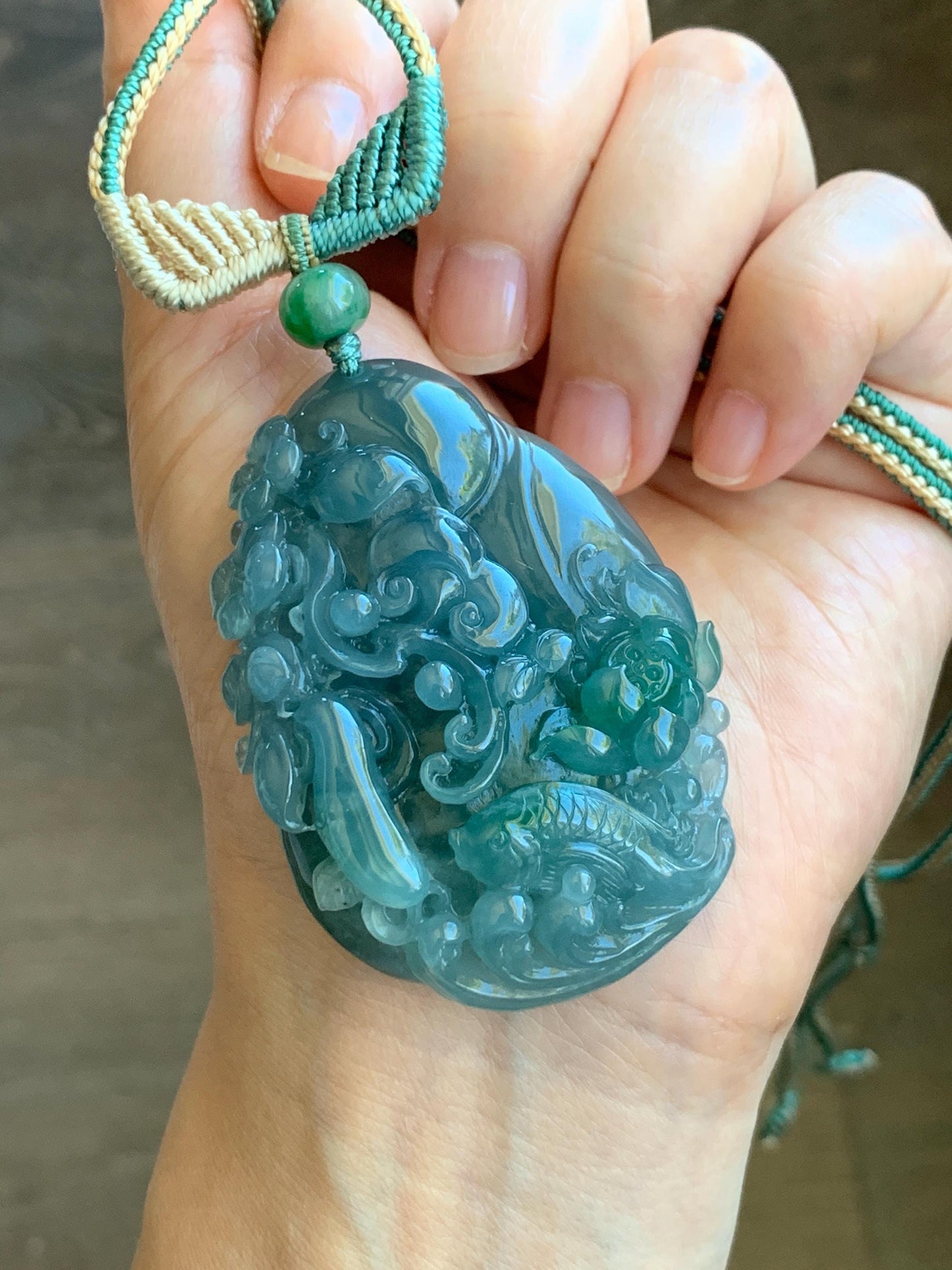 Certified Natural Guatemalan Icy Translucent Teal Blue Green Marbled Jadeite Koi Fish Lotus Flower Pendant Rope Necklace 26” 天然冰危蓝飘绿翡翠莲花鱼吊坠