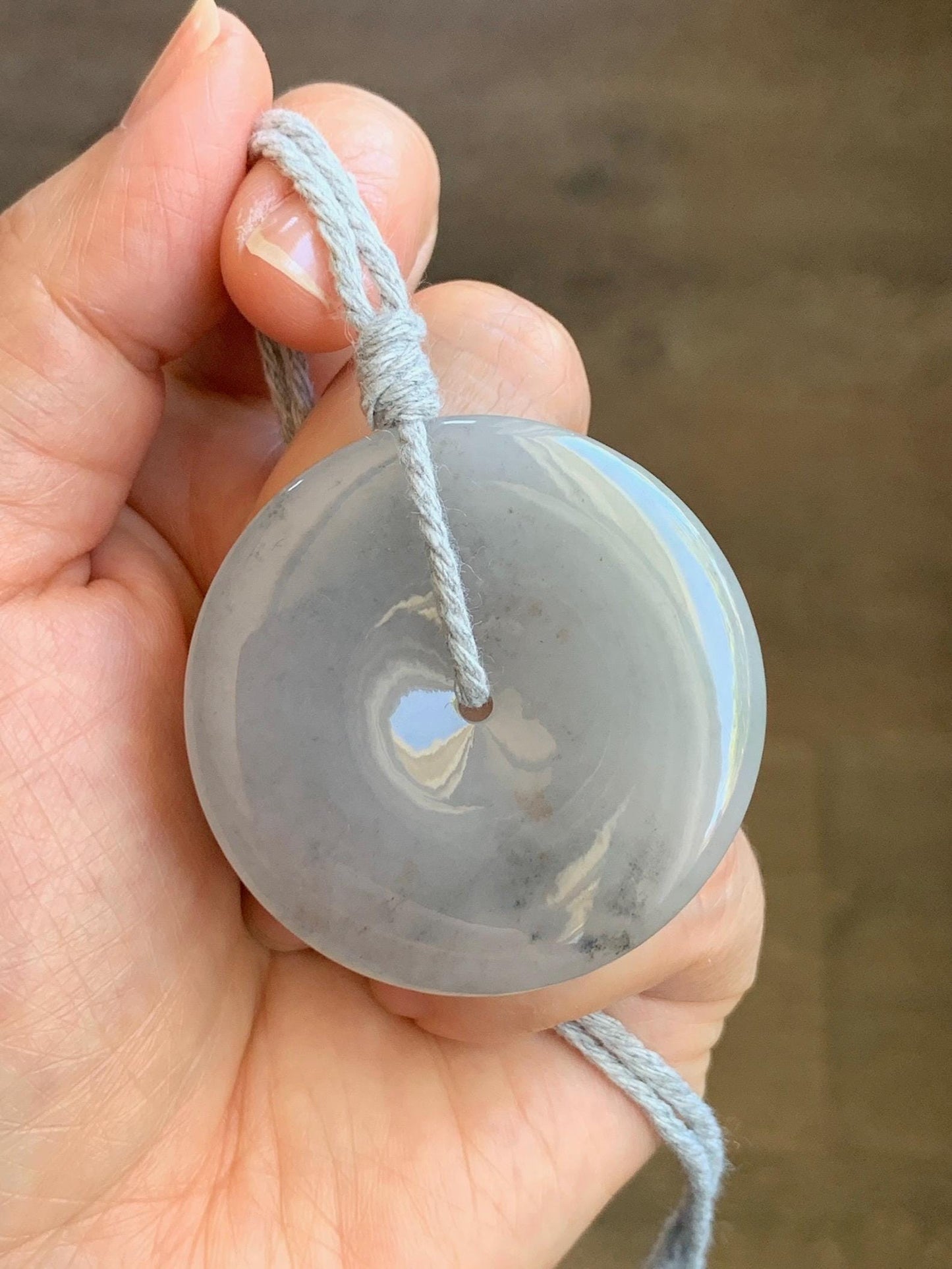Certified Grade A Natural Icy Translucent Gelatinous Smoky Wuji Marbled Jadeite Ping An Kou Donut Pendant Necklace 天然老种冰胶藕粉乌鸡翡翠平安扣吊坠 1498