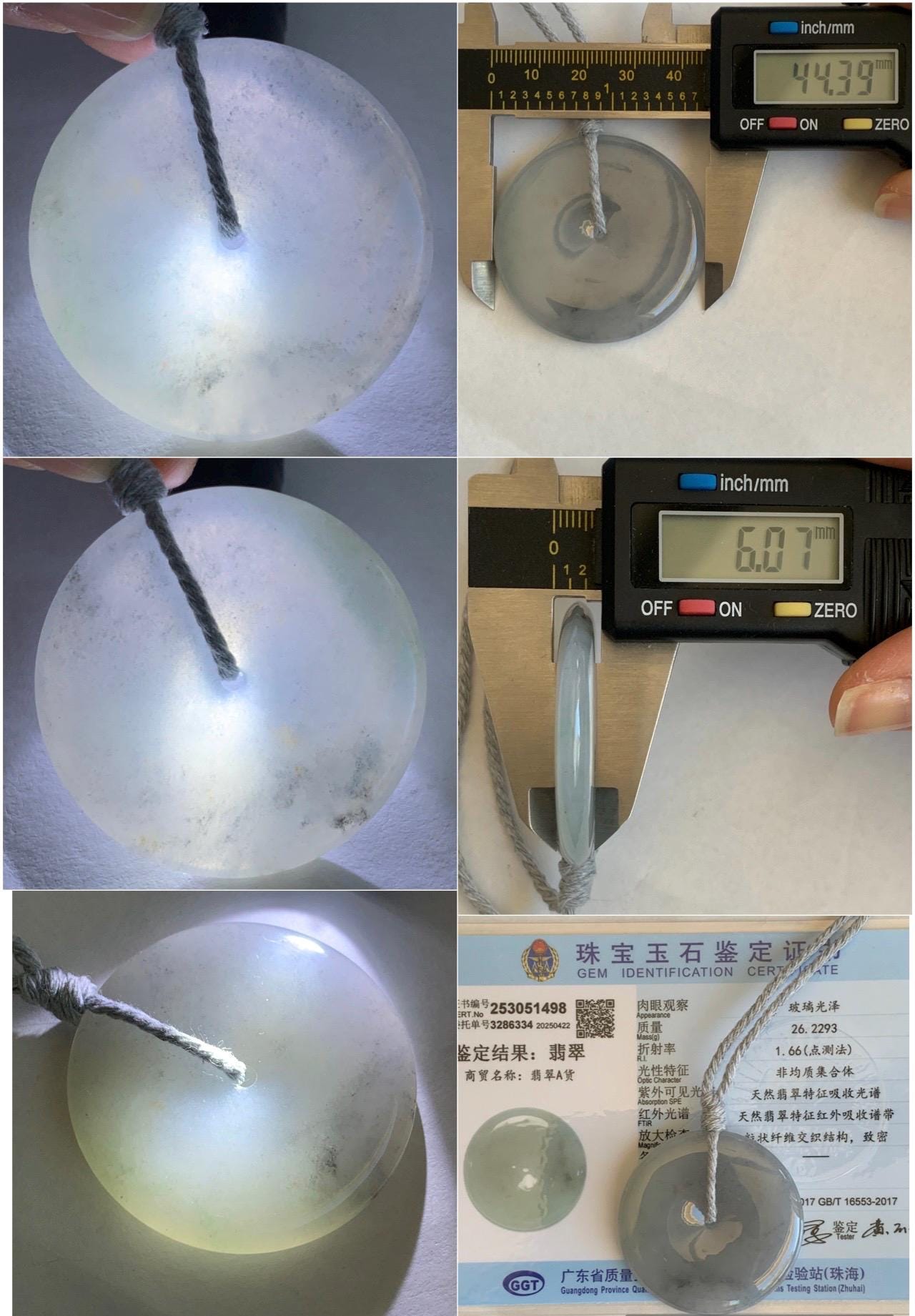 Certified Grade A Natural Icy Translucent Gelatinous Smoky Wuji Marbled Jadeite Ping An Kou Donut Pendant Necklace 天然老种冰胶藕粉乌鸡翡翠平安扣吊坠 1498