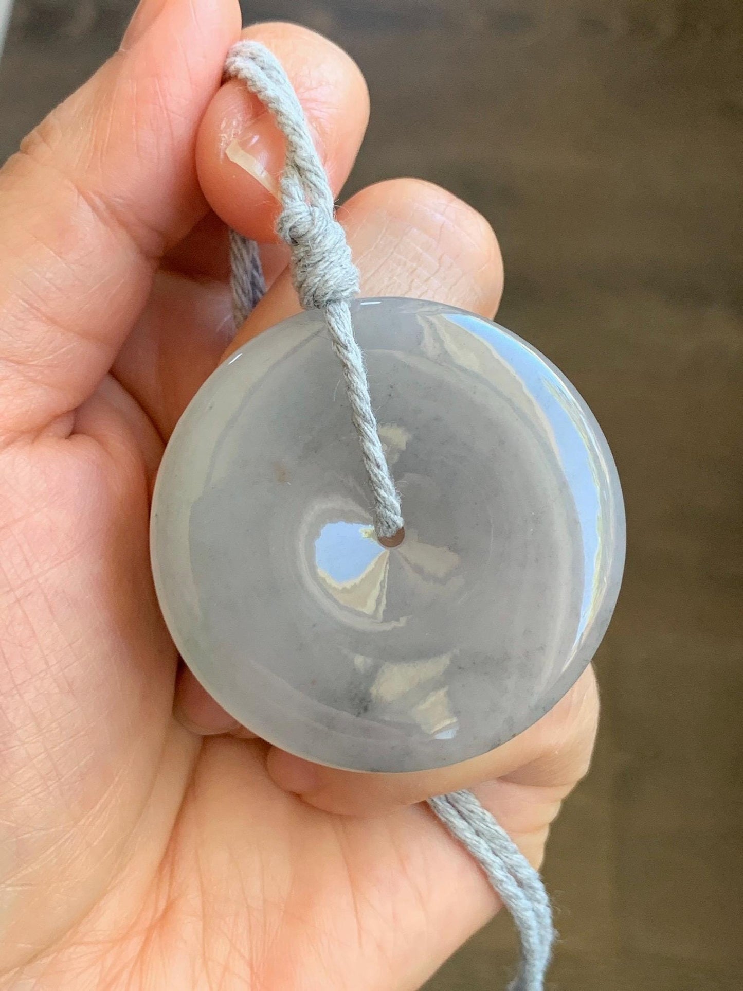 Certified Grade A Natural Icy Translucent Gelatinous Smoky Wuji Marbled Jadeite Ping An Kou Donut Pendant Necklace 天然老种冰胶藕粉乌鸡翡翠平安扣吊坠 1498