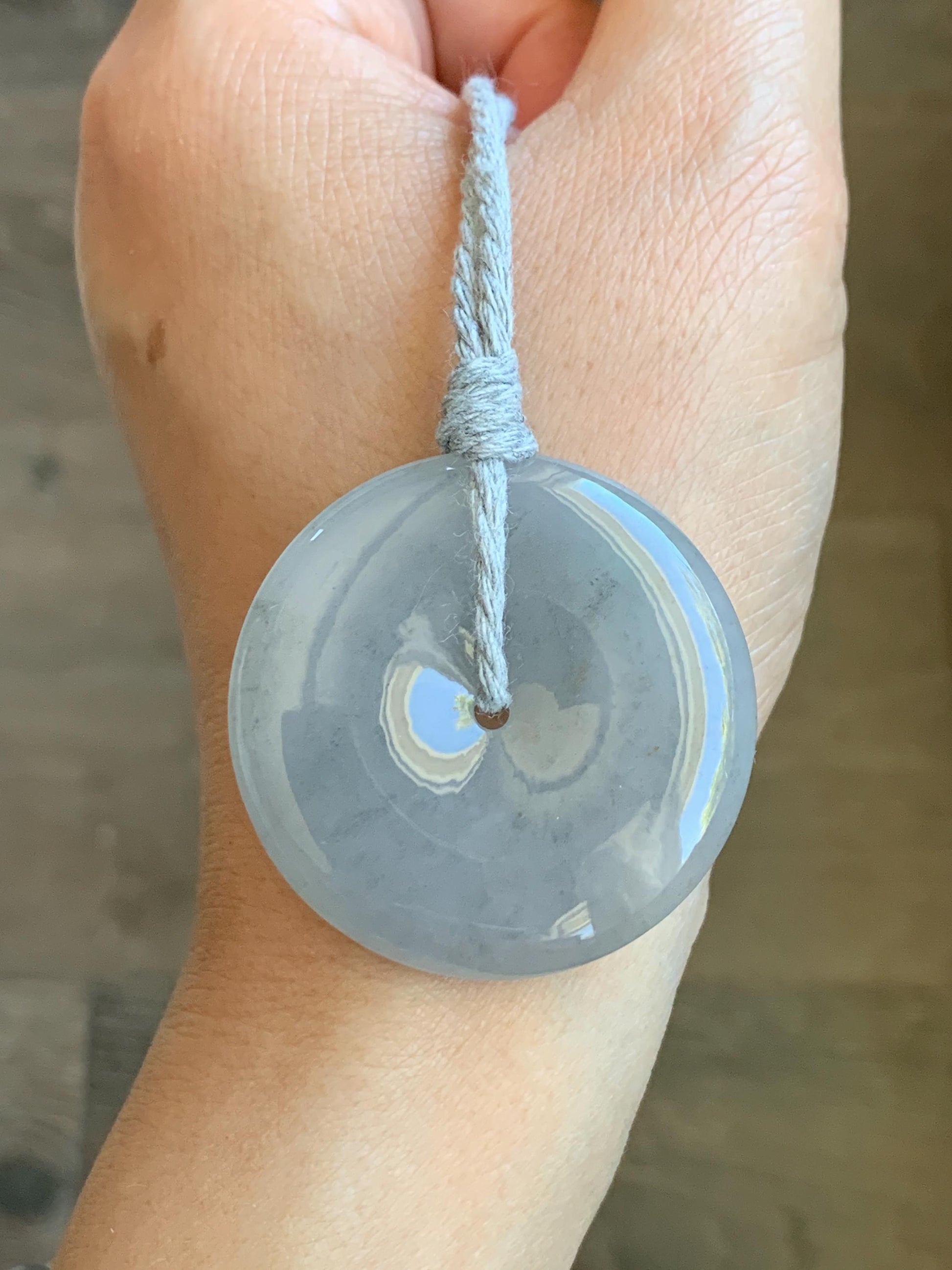 Certified Grade A Natural Icy Translucent Gelatinous Smoky Wuji Marbled Jadeite Ping An Kou Donut Pendant Necklace 天然老种冰胶藕粉乌鸡翡翠平安扣吊坠 1497