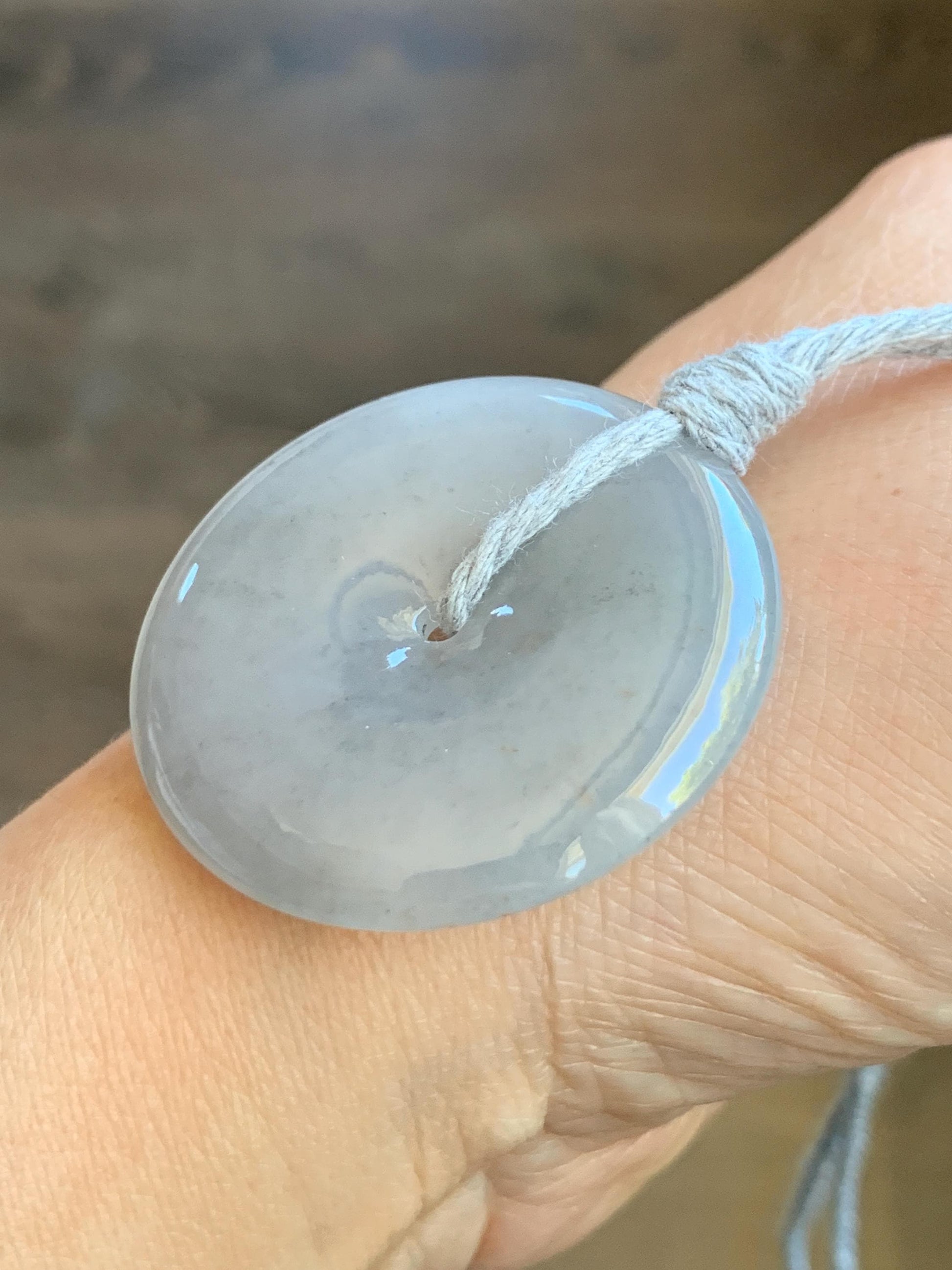 Certified Grade A Natural Icy Translucent Gelatinous Smoky Wuji Marbled Jadeite Ping An Kou Donut Pendant Necklace 天然老种冰胶藕粉乌鸡翡翠平安扣吊坠 1497