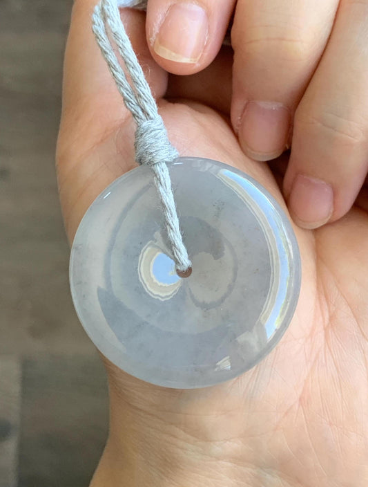 Certified Grade A Natural Icy Translucent Gelatinous Smoky Wuji Marbled Jadeite Ping An Kou Donut Pendant Necklace 天然老种冰胶藕粉乌鸡翡翠平安扣吊坠 1497