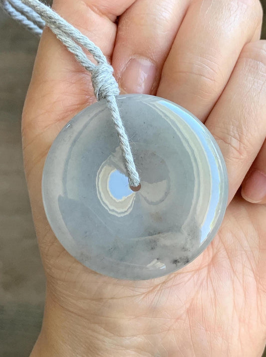 Certified Grade A Natural Icy Translucent Gelatinous Smoky Wuji Marbled Jadeite Ping An Kou Donut Pendant Necklace 天然老种冰胶藕粉乌鸡翡翠平安扣吊坠 1498