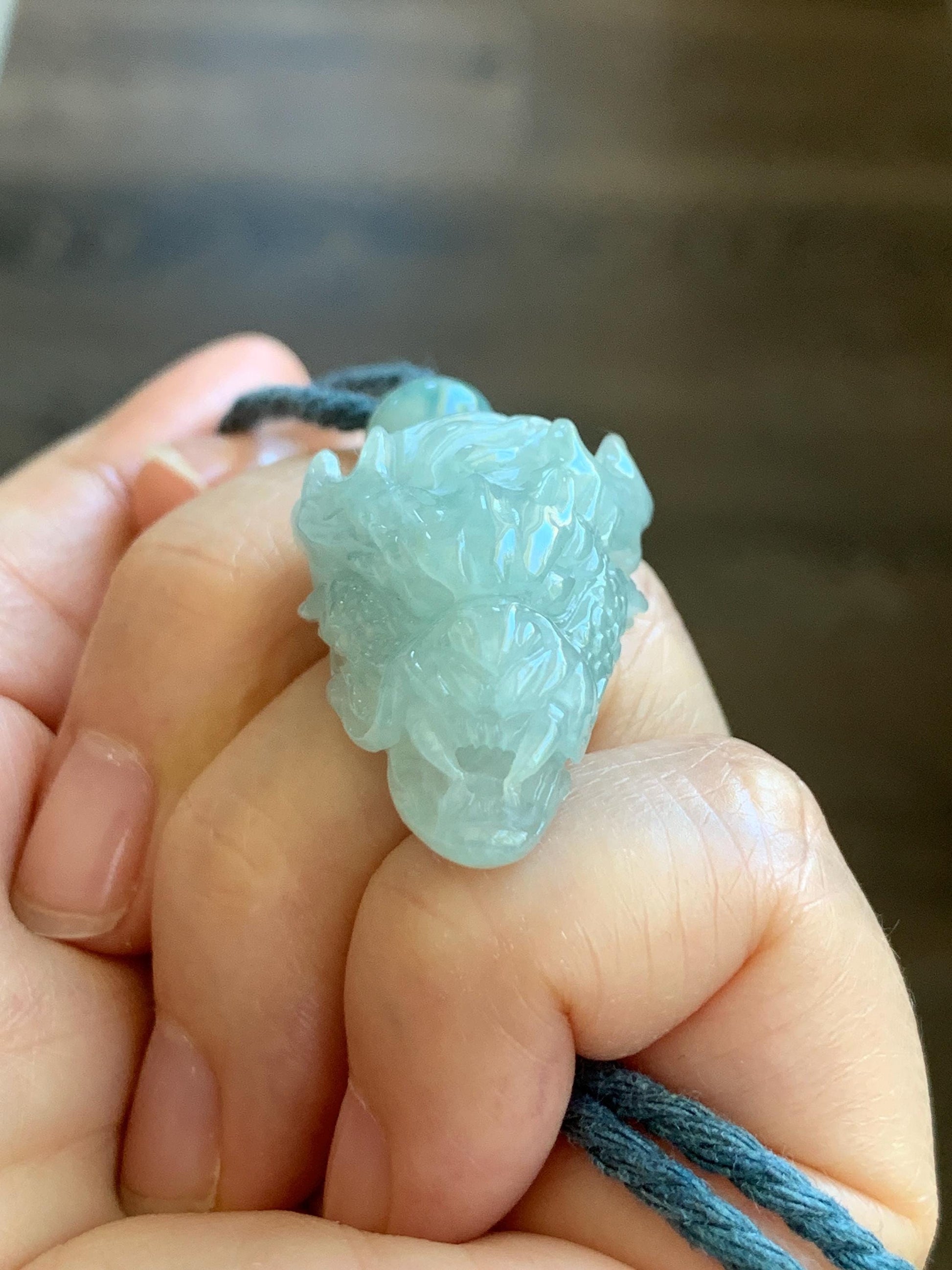 Certified Natural Grade A Icy Translucent Gelatinous Pastel Blue Jadeite Carved Dragon Pendant Rope Necklace 26" 11g 天然冰淡蓝翡翠龙头吊坠 1696