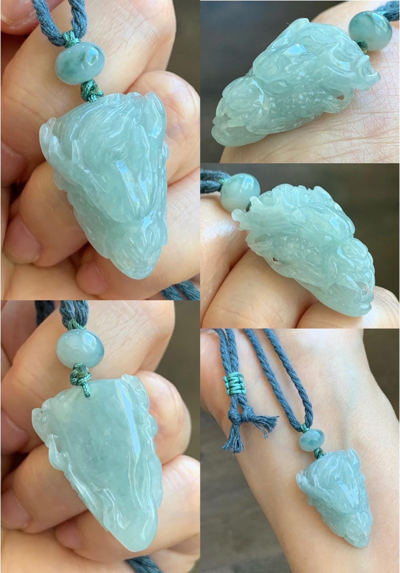 Certified Natural Grade A Icy Translucent Gelatinous Pastel Blue Jadeite Carved Dragon Pendant Rope Necklace 26" 11g 天然冰淡蓝翡翠龙头吊坠 1696
