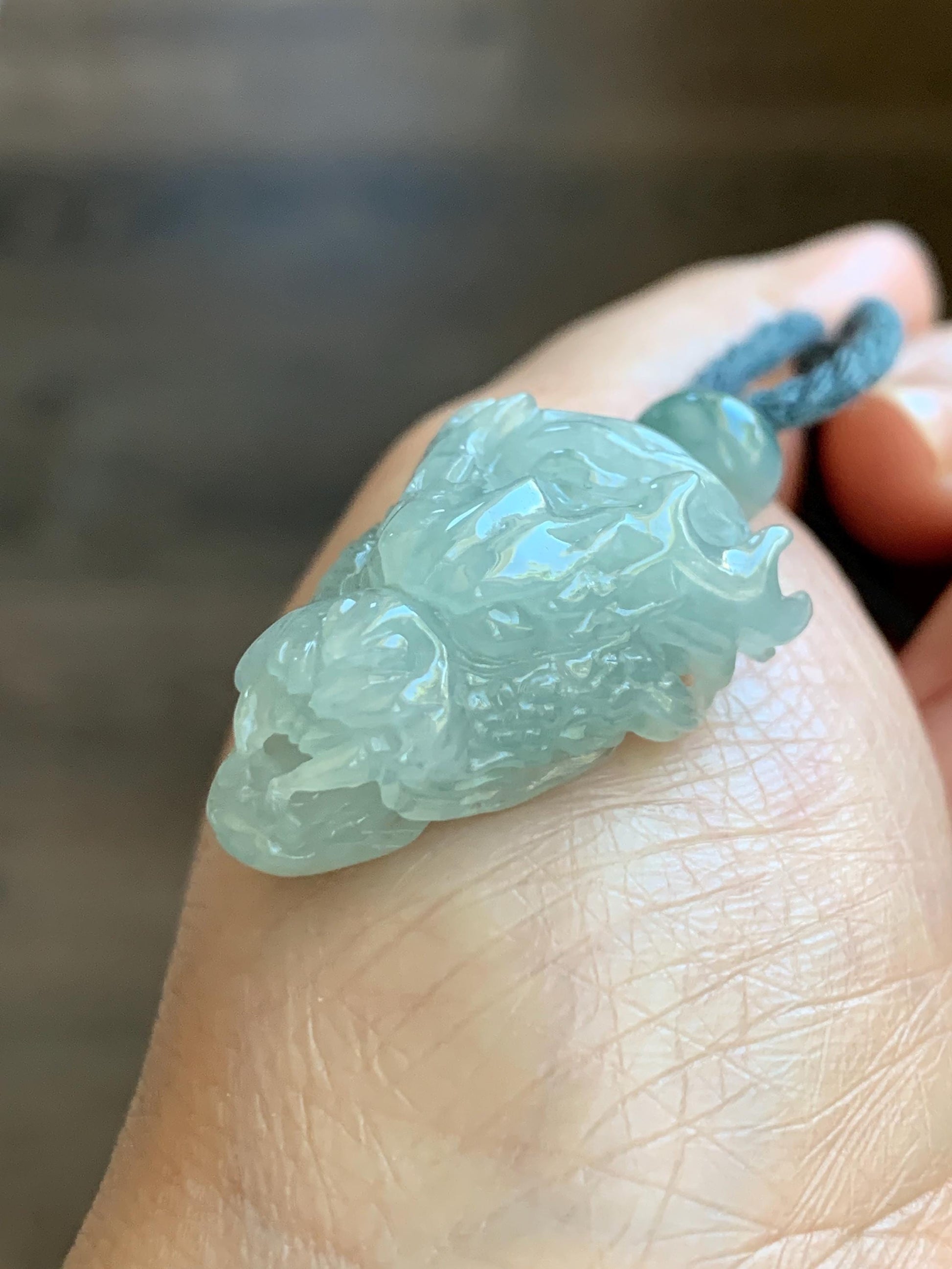 Certified Natural Grade A Icy Translucent Gelatinous Pastel Blue Jadeite Carved Dragon Pendant Rope Necklace 26" 11g 天然冰淡蓝翡翠龙头吊坠 1696