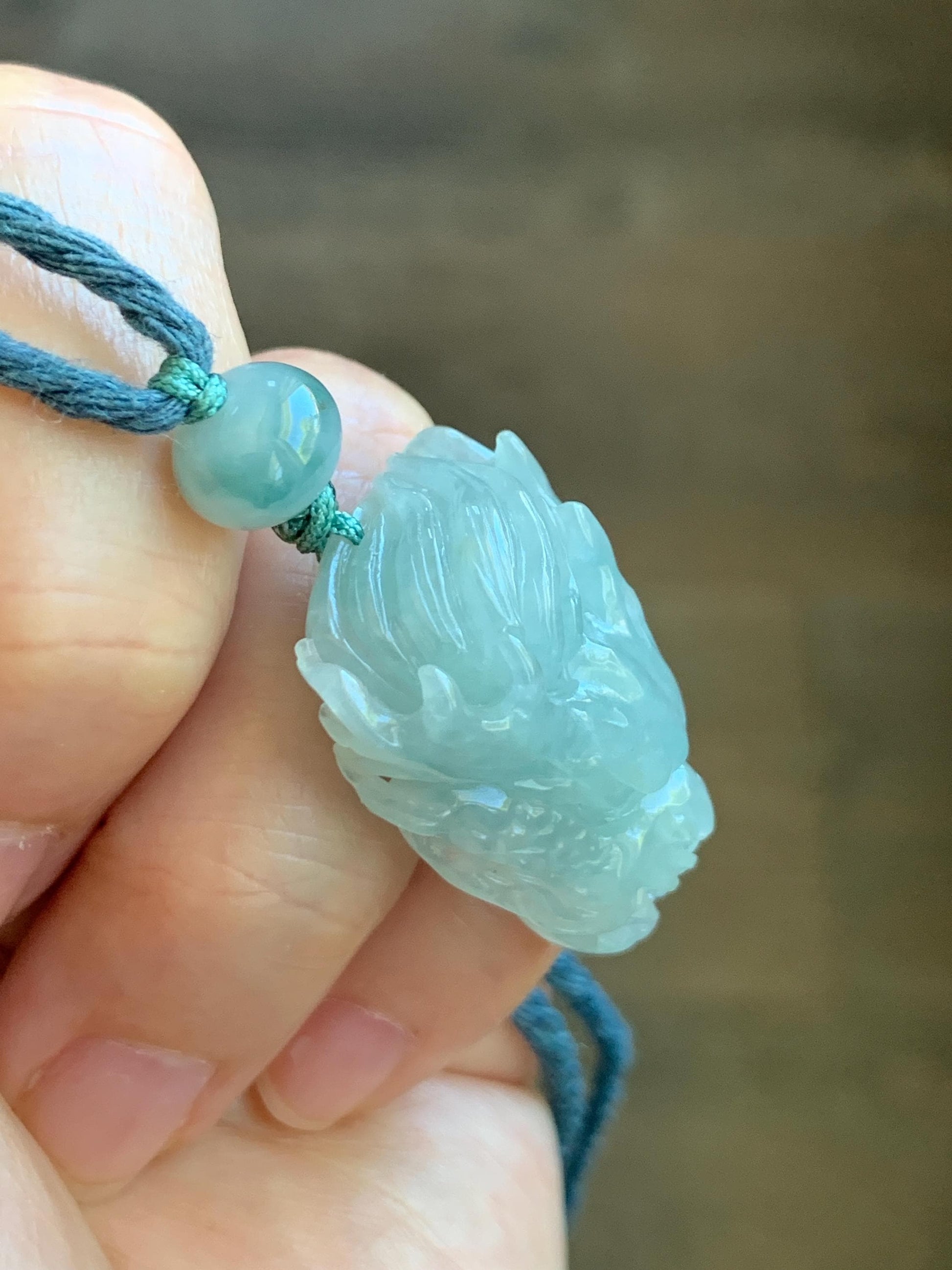 Certified Natural Grade A Icy Translucent Gelatinous Pastel Blue Jadeite Carved Dragon Pendant Rope Necklace 26" 11g 天然冰淡蓝翡翠龙头吊坠 1696