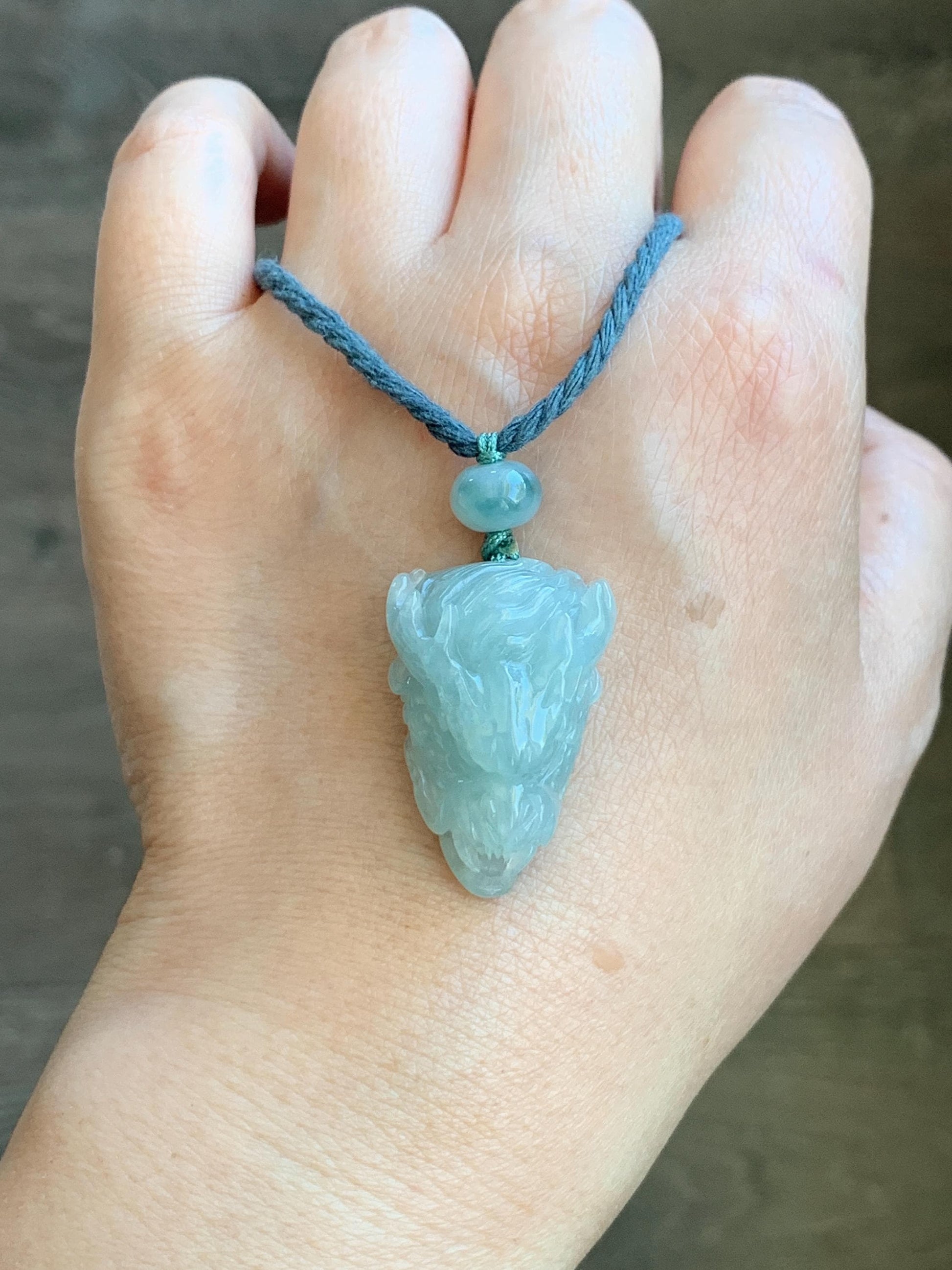 Certified Natural Grade A Icy Translucent Gelatinous Pastel Blue Jadeite Carved Dragon Pendant Rope Necklace 26" 11g 天然冰淡蓝翡翠龙头吊坠 1696