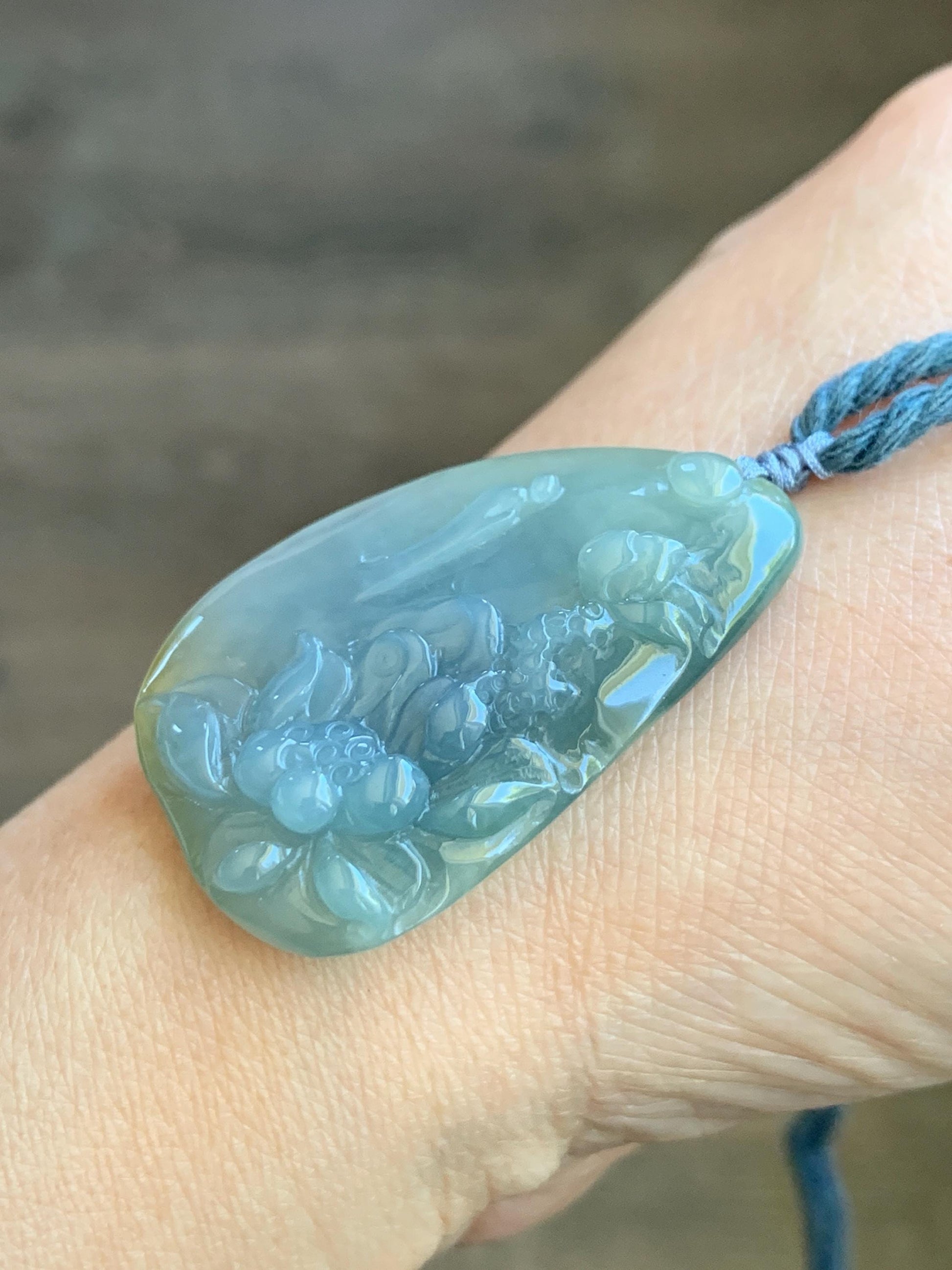 Natural Guatemalan Icy Translucent Pastel Blue Yellow Marbled Jadeite Lotus Flower Meditating Monk Pendant Rope Necklace 26” 天然冰危蓝加黄翡翠莲花悟道吊坠