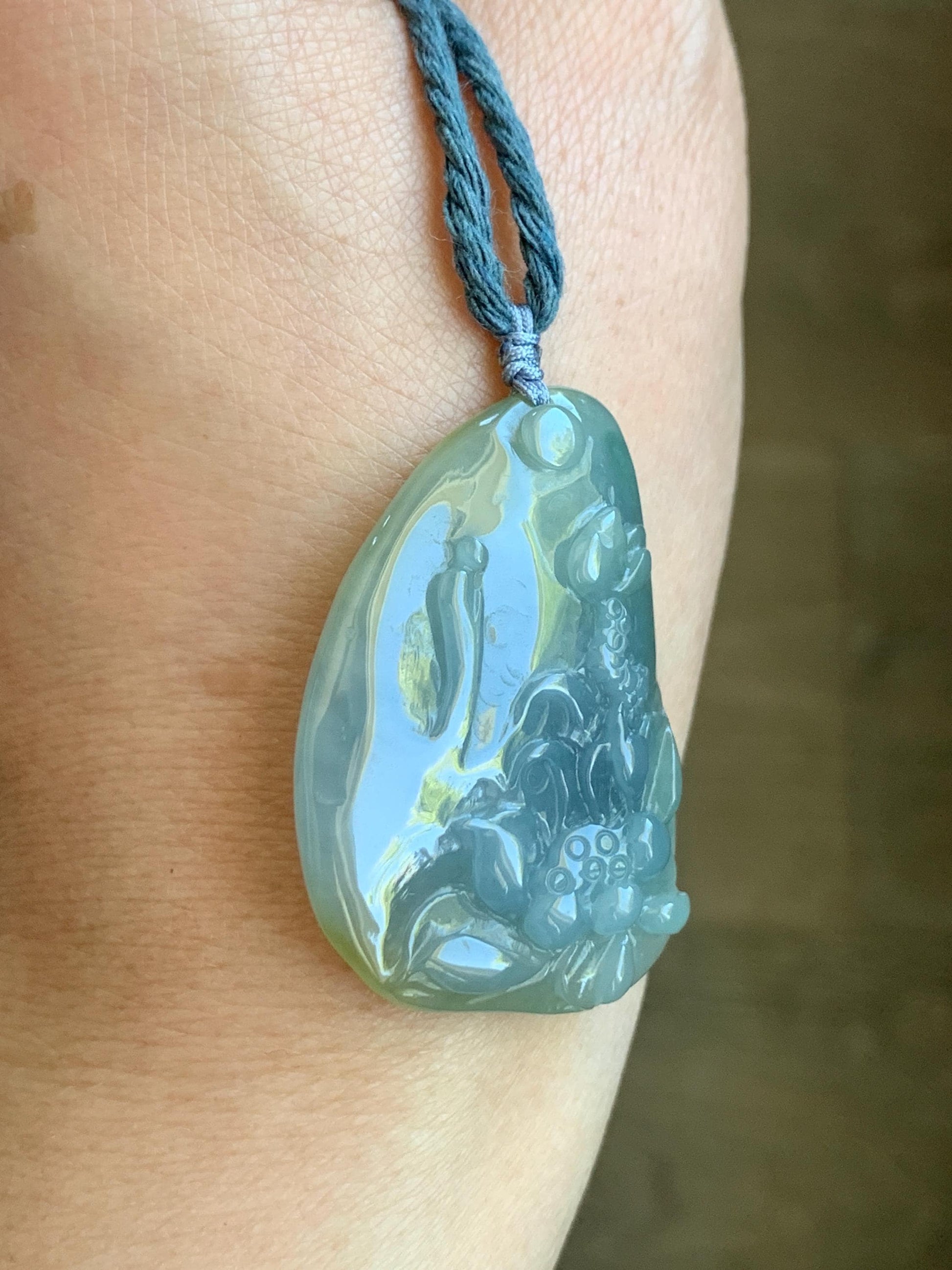 Natural Guatemalan Icy Translucent Pastel Blue Yellow Marbled Jadeite Lotus Flower Meditating Monk Pendant Rope Necklace 26” 天然冰危蓝加黄翡翠莲花悟道吊坠