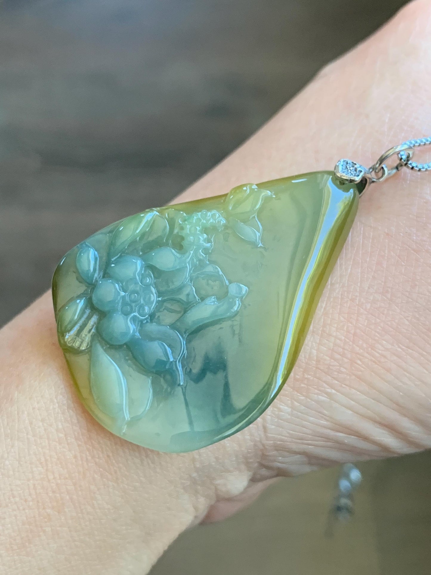 Natural Guatemalan Icy Translucent Dusty Blue Yellow Marbled Jadeite Lotus Flower Meditating Monk Pendant Sterling Silver 天然冰危蓝加黄翡翠莲花悟道吊坠