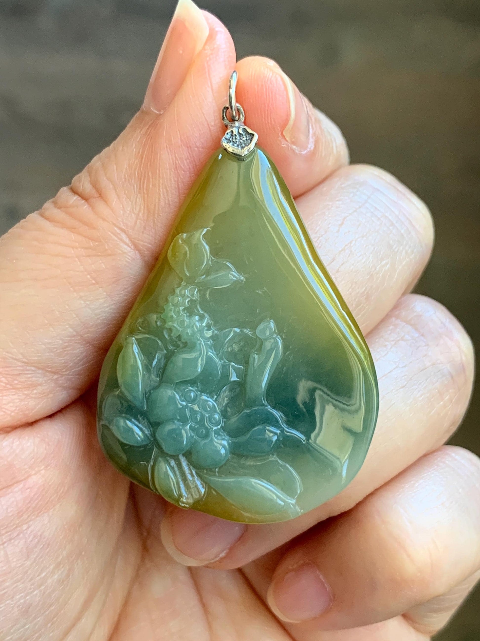 Natural Guatemalan Icy Translucent Dusty Blue Yellow Marbled Jadeite Lotus Flower Meditating Monk Pendant Sterling Silver 天然冰危蓝加黄翡翠莲花悟道吊坠