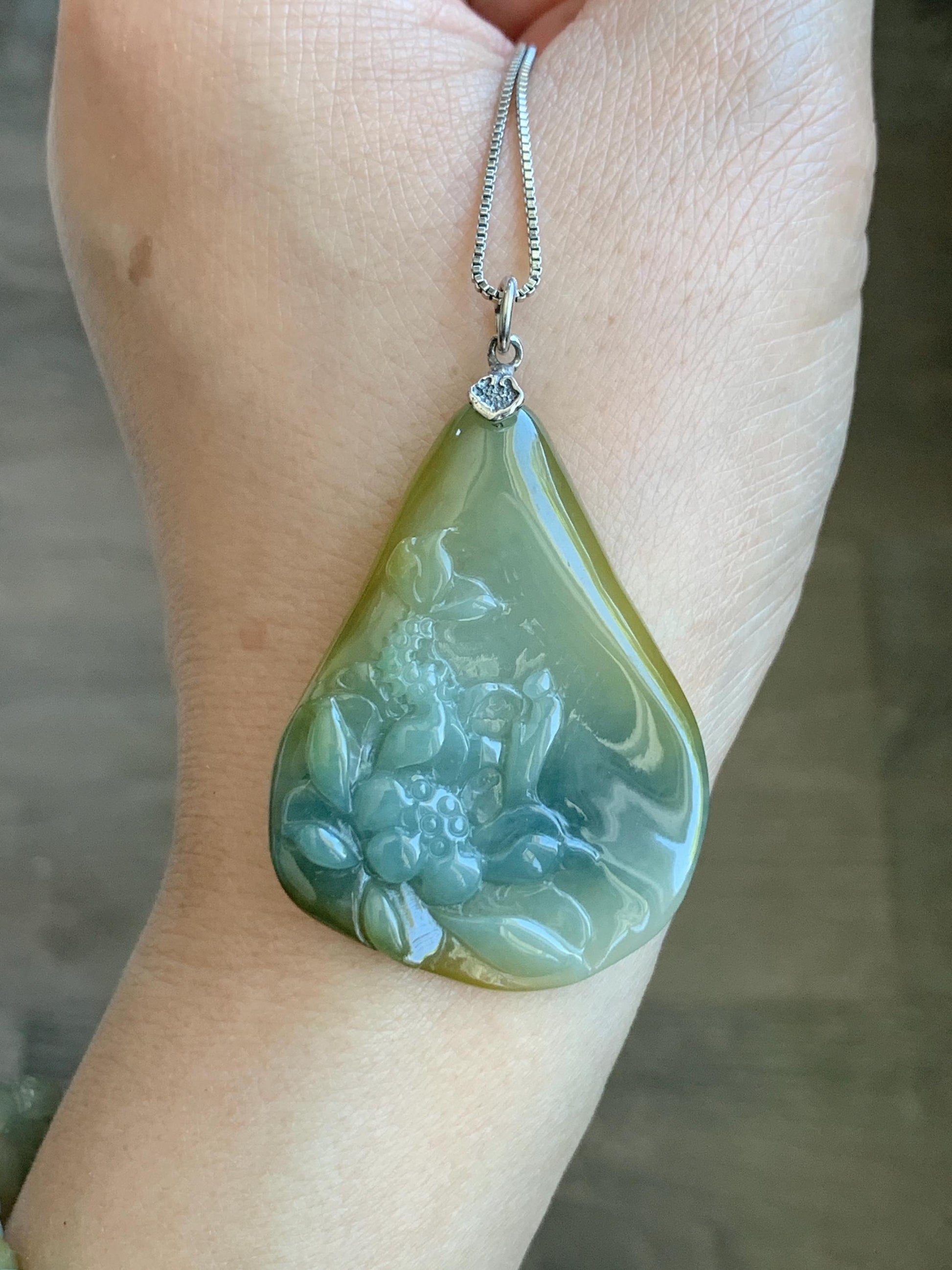 Natural Guatemalan Icy Translucent Dusty Blue Yellow Marbled Jadeite Lotus Flower Meditating Monk Pendant Sterling Silver 天然冰危蓝加黄翡翠莲花悟道吊坠