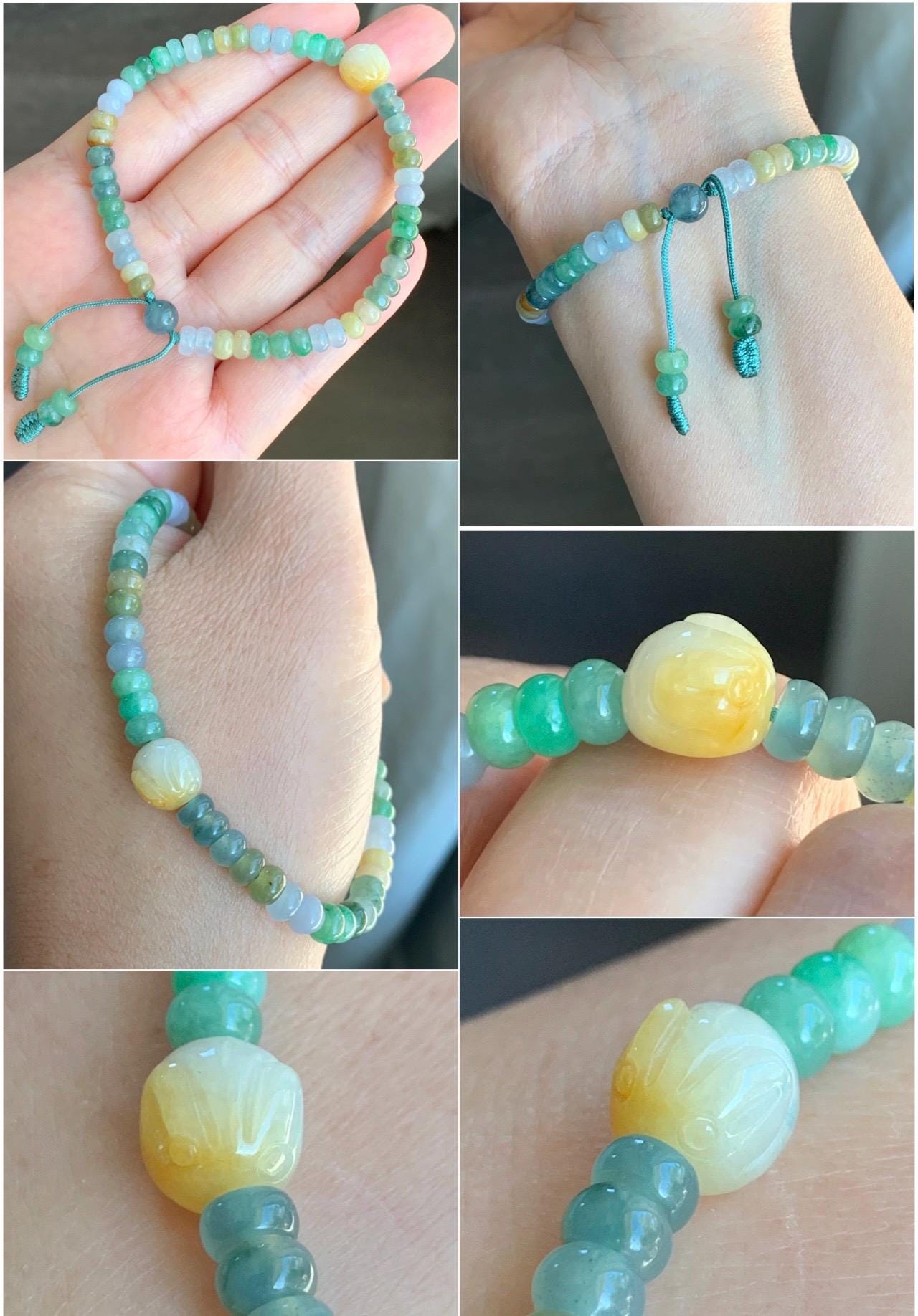 Natural Grade A Icy Translucent Multicolored Jadeite Flat Beads Carved Bunny Rabbit Charm Beaded Bracelet 7.25" 天然冰多宝翡翠算盘珠黄翡面包兔手串 DBSP297