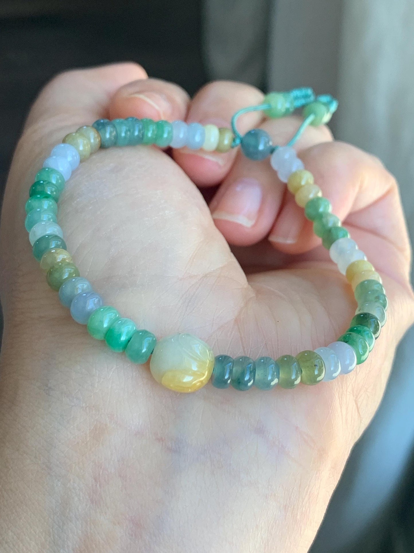 Natural Grade A Icy Translucent Multicolored Jadeite Flat Beads Carved Bunny Rabbit Charm Beaded Bracelet 7.25" 天然冰多宝翡翠算盘珠黄翡面包兔手串 DBSP297