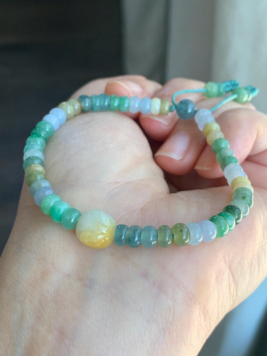 Natural Grade A Icy Translucent Multicolored Jadeite Flat Beads Carved Bunny Rabbit Charm Beaded Bracelet 7.25" 天然冰多宝翡翠算盘珠黄翡面包兔手串 DBSP297