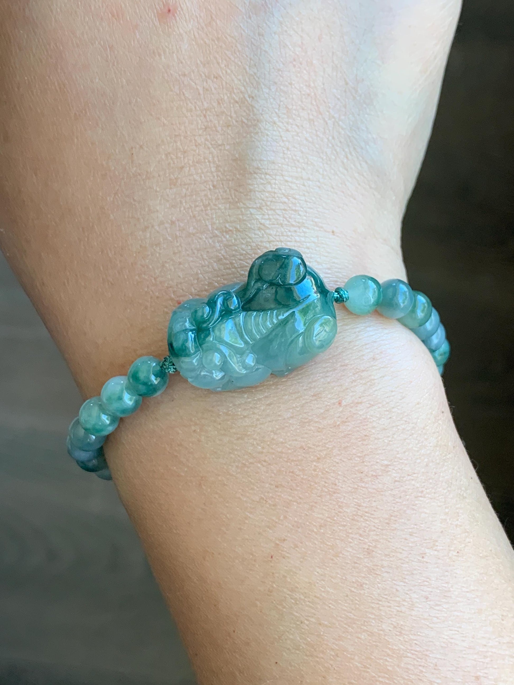 Natural Grade A Icy Translucent Gelatinous Dark Teal Green Marbled Jade Jadeite Pixiu Beaded Bracelet 6.5" 17g 天然冰飘花翡翠貔貅圆珠手串 MPP-S