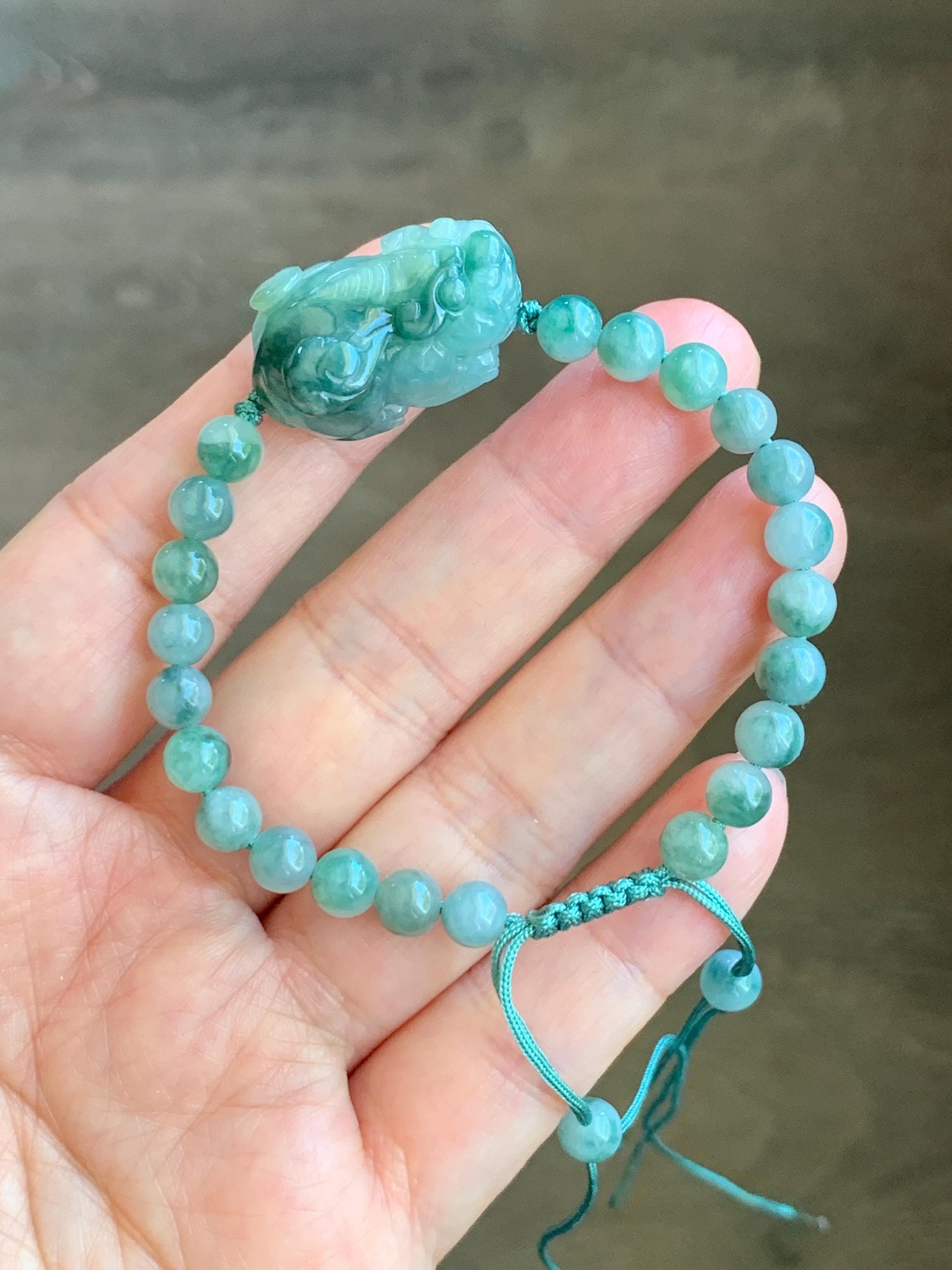 Natural Grade A Icy Translucent Gelatinous Dark Teal Green Marbled Jade Jadeite Pixiu Beaded Bracelet 6.5" 17g 天然冰飘花翡翠貔貅圆珠手串 MPP-S