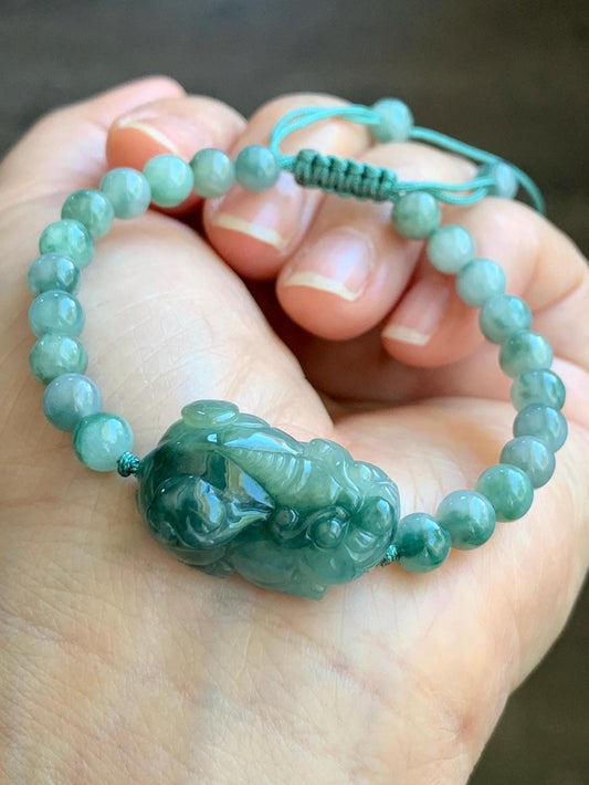 Natural Grade A Icy Translucent Gelatinous Dark Teal Green Marbled Jade Jadeite Pixiu Beaded Bracelet 6.5" 17g 天然冰飘花翡翠貔貅圆珠手串 MPP-S