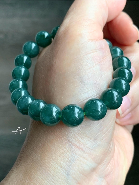 Natural Guatemalan Grade A Icy Translucent Dark Teal Green Jade Jadeite Beaded Bracelet Stretchy 9.8mm 7.25” 33g 天然冰危糯种深蓝绿翡翠圆珠手串 WSL290