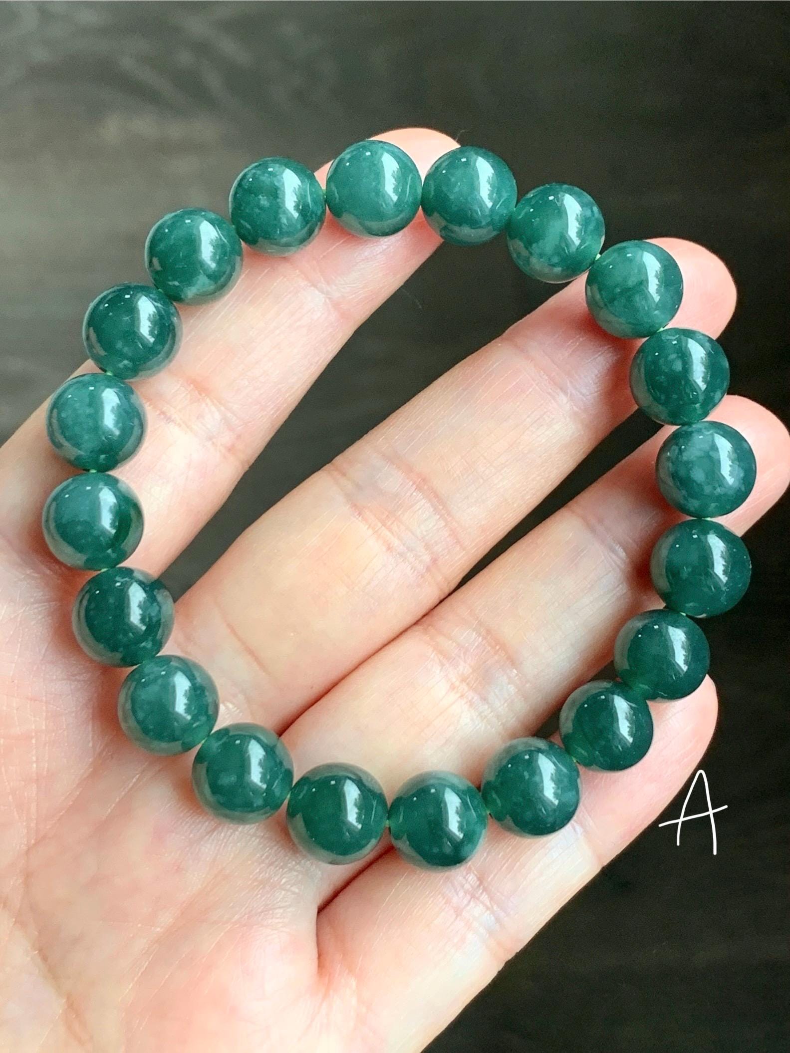 Natural Guatemalan Grade A Icy Translucent Dark Teal Green Jade Jadeite Beaded Bracelet Stretchy 9.8mm 7.25” 33g 天然冰危糯种深蓝绿翡翠圆珠手串 WSL290