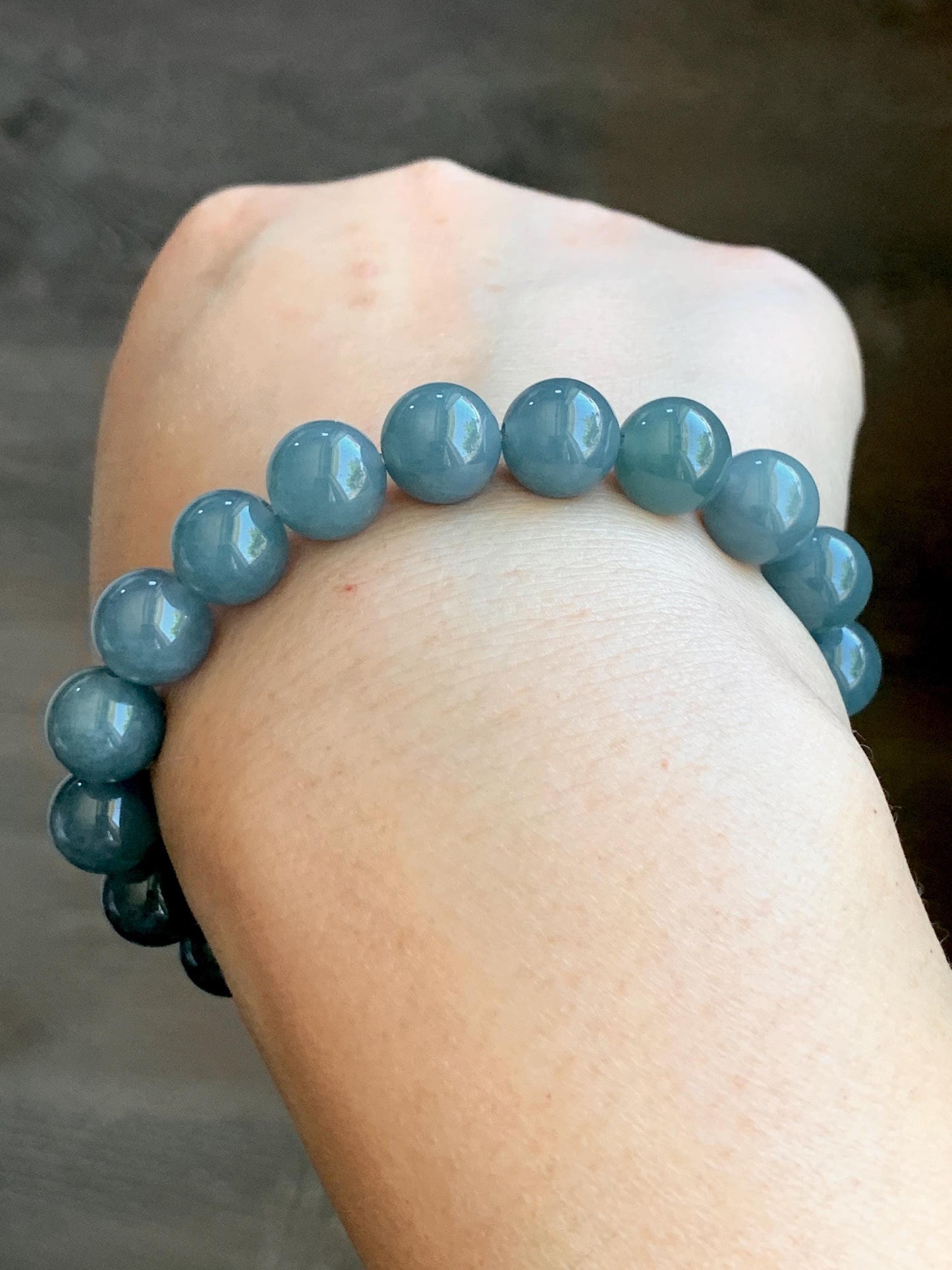 Natural Guatemalan Grade A Icy Translucent Dusty Teal Blue Jade Jadeite Beaded Bracelet Stretchy 9.7mm 7.25” 31g 天然冰危蓝水翡翠圆珠手串 WLZ150