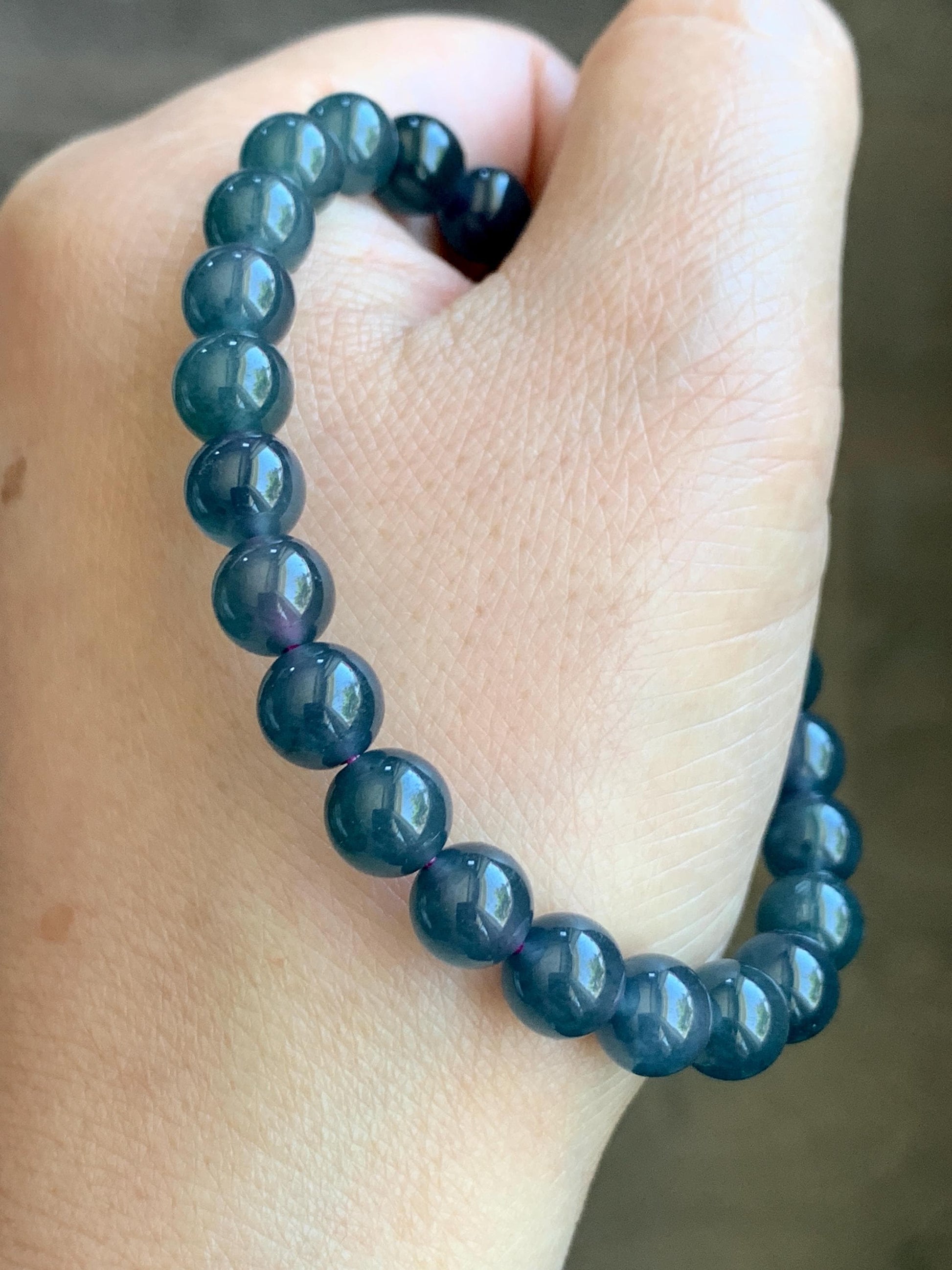 Natural Grade A Guatemalan Icy Translucent Gelatinous Dark Blueberry Blue Jade Jadeite Beaded Bracelet 7.8mm 7.25” 19g 天然冰危蓝莓翡翠圆珠手串 NZL250
