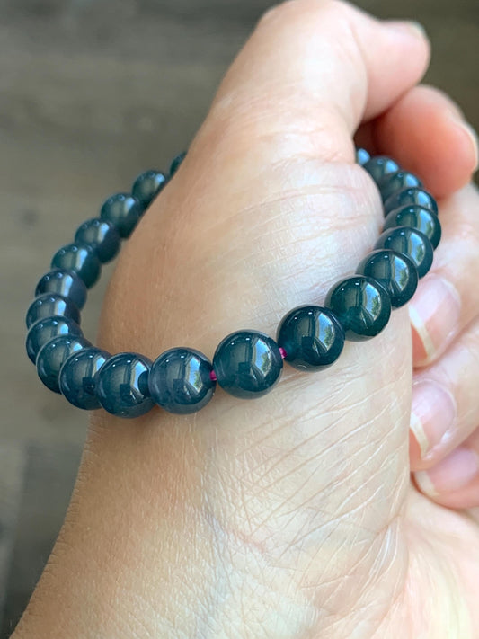 Natural Grade A Guatemalan Icy Translucent Gelatinous Dark Blueberry Blue Jade Jadeite Beaded Bracelet 7.8mm 7.25” 19g 天然冰危蓝莓翡翠圆珠手串 NZL250