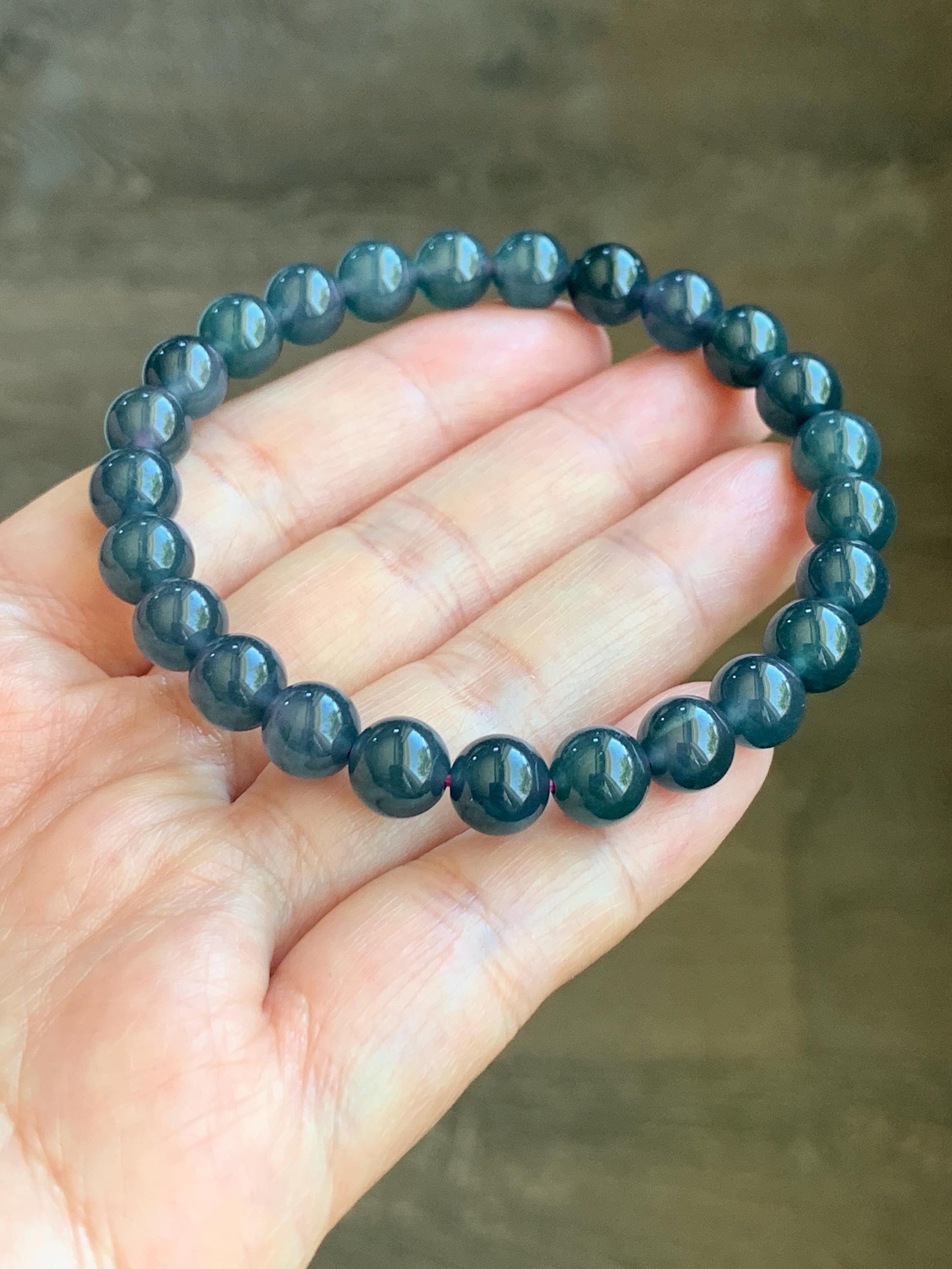 Natural Grade A Guatemalan Icy Translucent Gelatinous Dark Blueberry Blue Jade Jadeite Beaded Bracelet 7.8mm 7.25” 19g 天然冰危蓝莓翡翠圆珠手串 NZL250