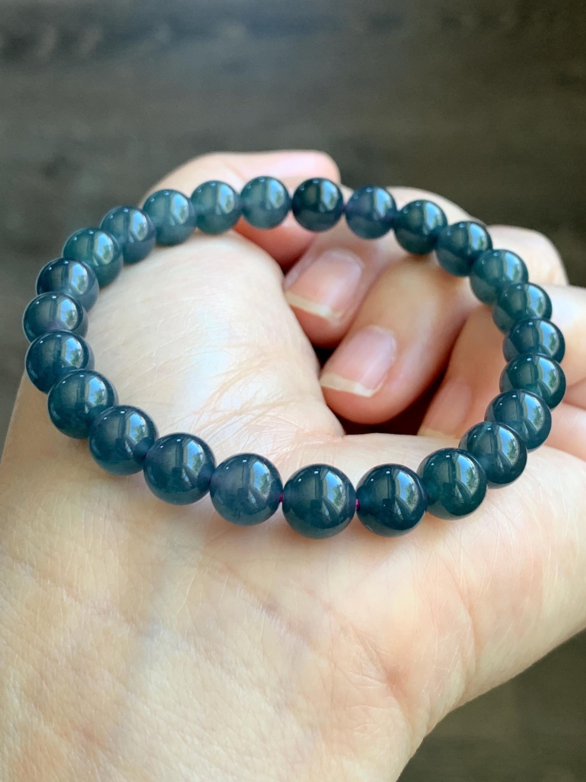 Natural Grade A Guatemalan Icy Translucent Gelatinous Dark Blueberry Blue Jade Jadeite Beaded Bracelet 7.8mm 7.25” 19g 天然冰危蓝莓翡翠圆珠手串 NZL250