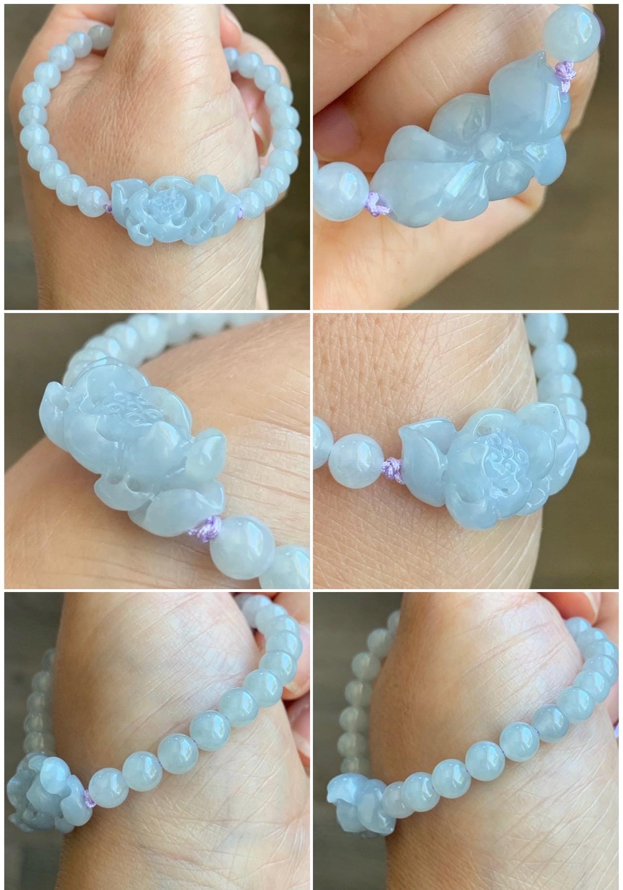 Natural Grade A Icy Translucent Gelatinous Pastel Purplish Blue Jade Jadeite Lotus Flower Beaded Bracelet 6.75" 12g 天然冰淡蓝紫底翡翠莲花圆珠手串 DLZ-A