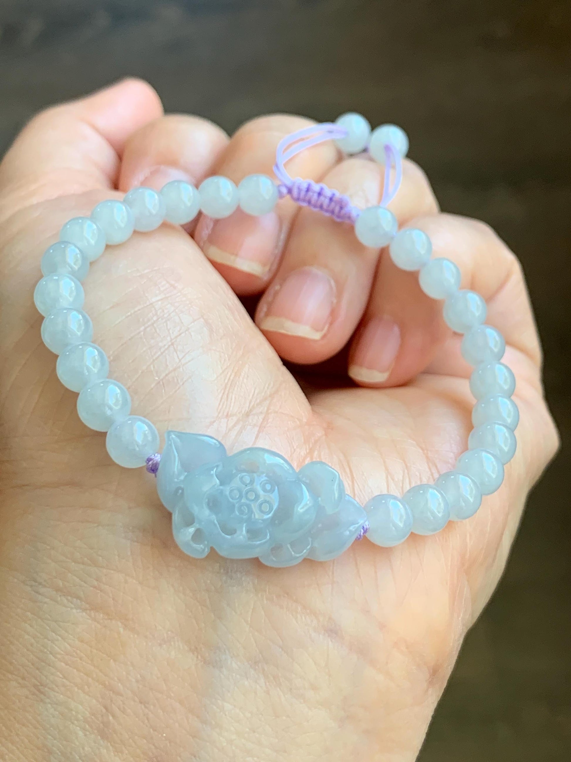 Natural Grade A Icy Translucent Gelatinous Pastel Purplish Blue Jade Jadeite Lotus Flower Beaded Bracelet 6.75" 12g 天然冰淡蓝紫底翡翠莲花圆珠手串 DLZ-A