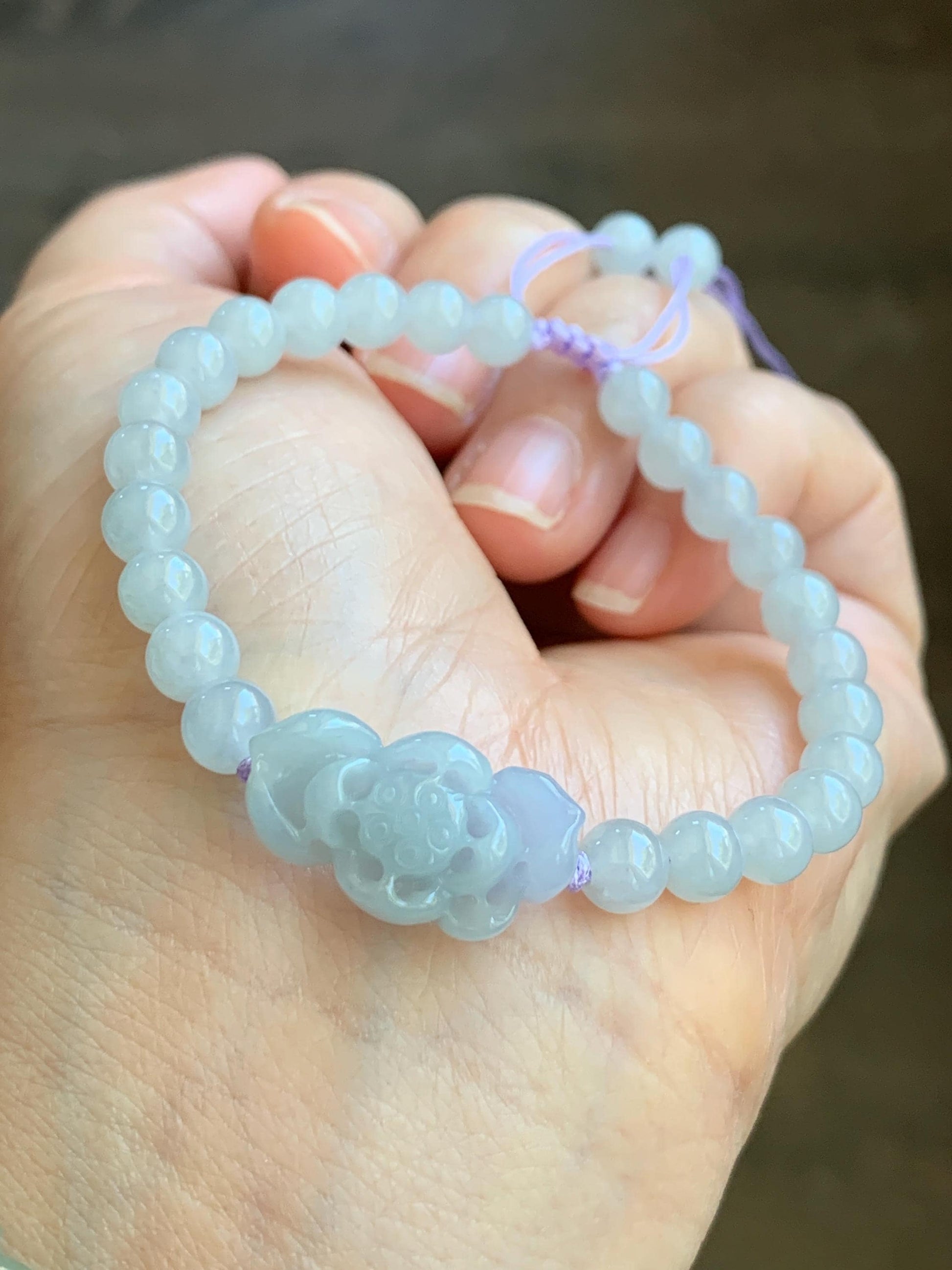 Natural Grade A Icy Translucent Gelatinous Pastel Purplish Blue Jade Jadeite Lotus Flower Beaded Bracelet 6.5" 11g 天然冰淡蓝紫底翡翠莲花圆珠手串 DLZ-B