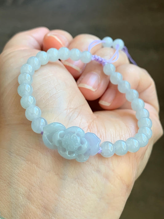 Natural Grade A Icy Translucent Gelatinous Pastel Purplish Blue Jade Jadeite Lotus Flower Beaded Bracelet 6.5" 11g 天然冰淡蓝紫底翡翠莲花圆珠手串 DLZ-B
