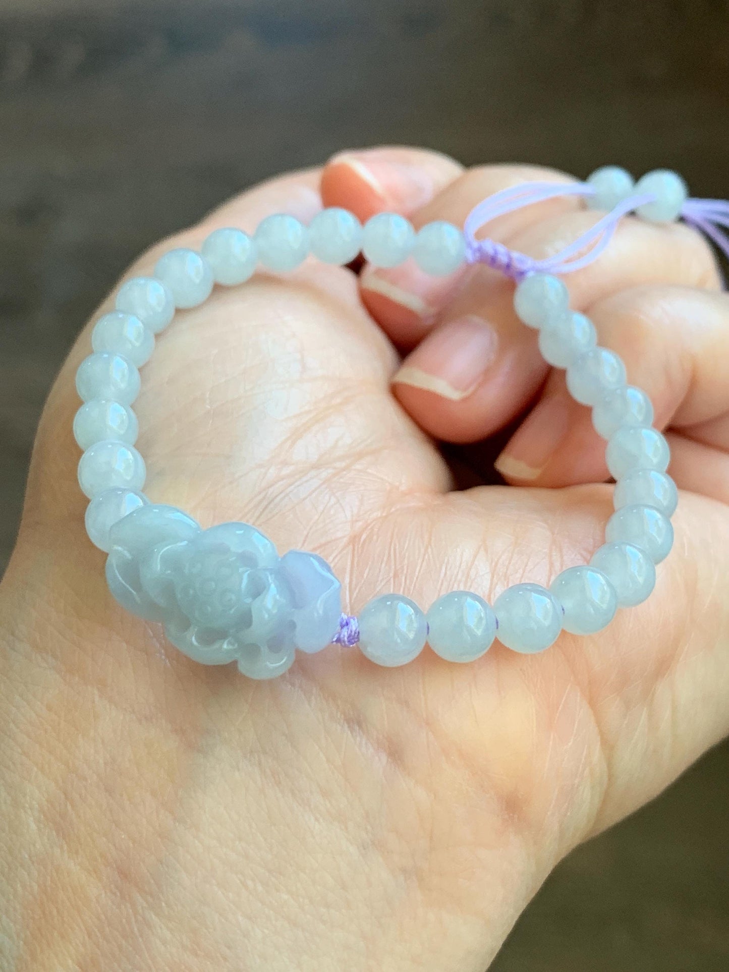 Natural Grade A Icy Translucent Gelatinous Pastel Purplish Blue Jade Jadeite Lotus Flower Beaded Bracelet 6.5" 11g 天然冰淡蓝紫底翡翠莲花圆珠手串 DLZ-B