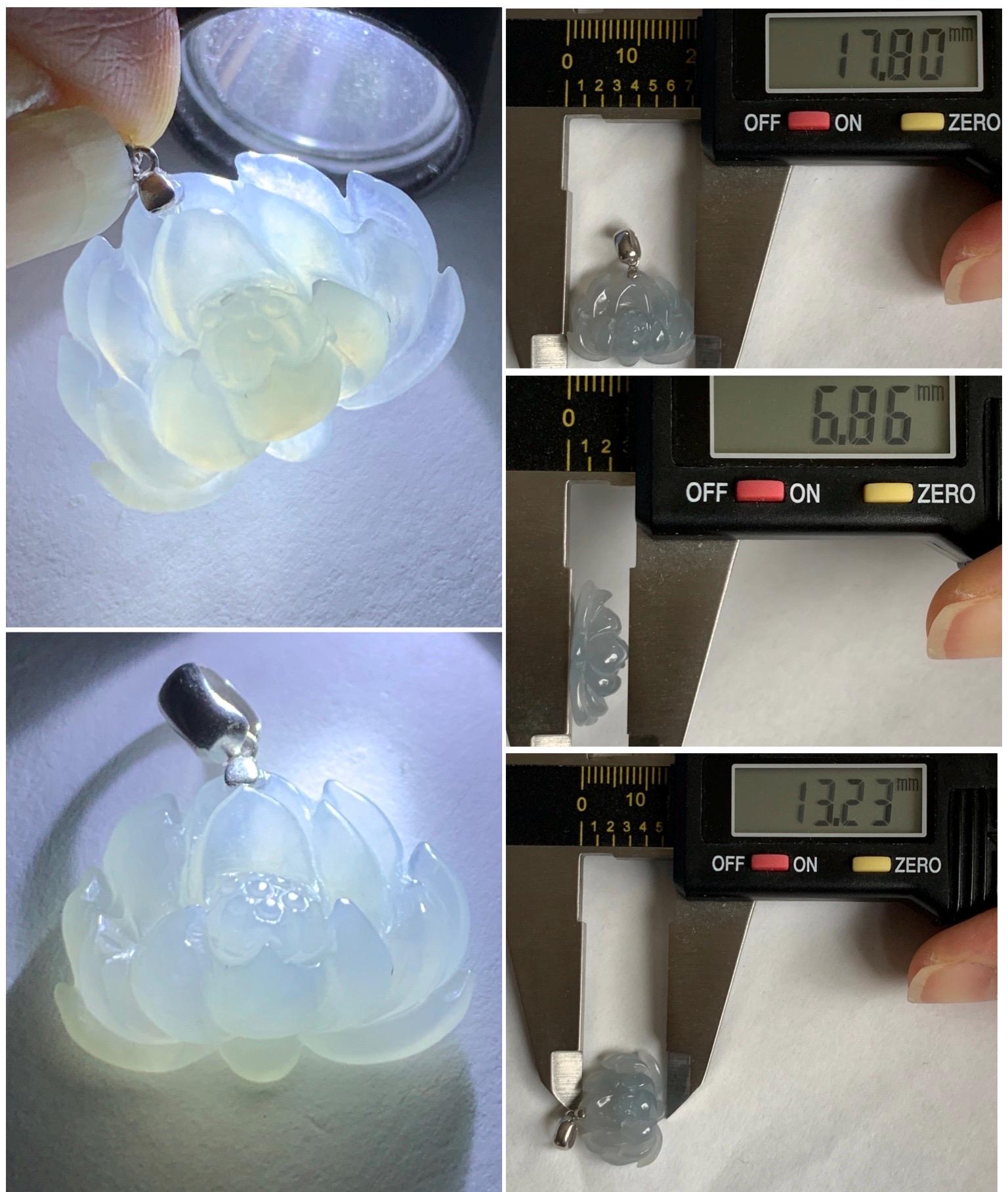 Natural Grade A Icy Translucent Gelatinous Dusty Pastel Blue Jade Jadeite Lotus Flower Pendant 18K White Gold Bail 天然冰胶淡蓝灰翡翠莲花镶嵌吊坠 DLH-242